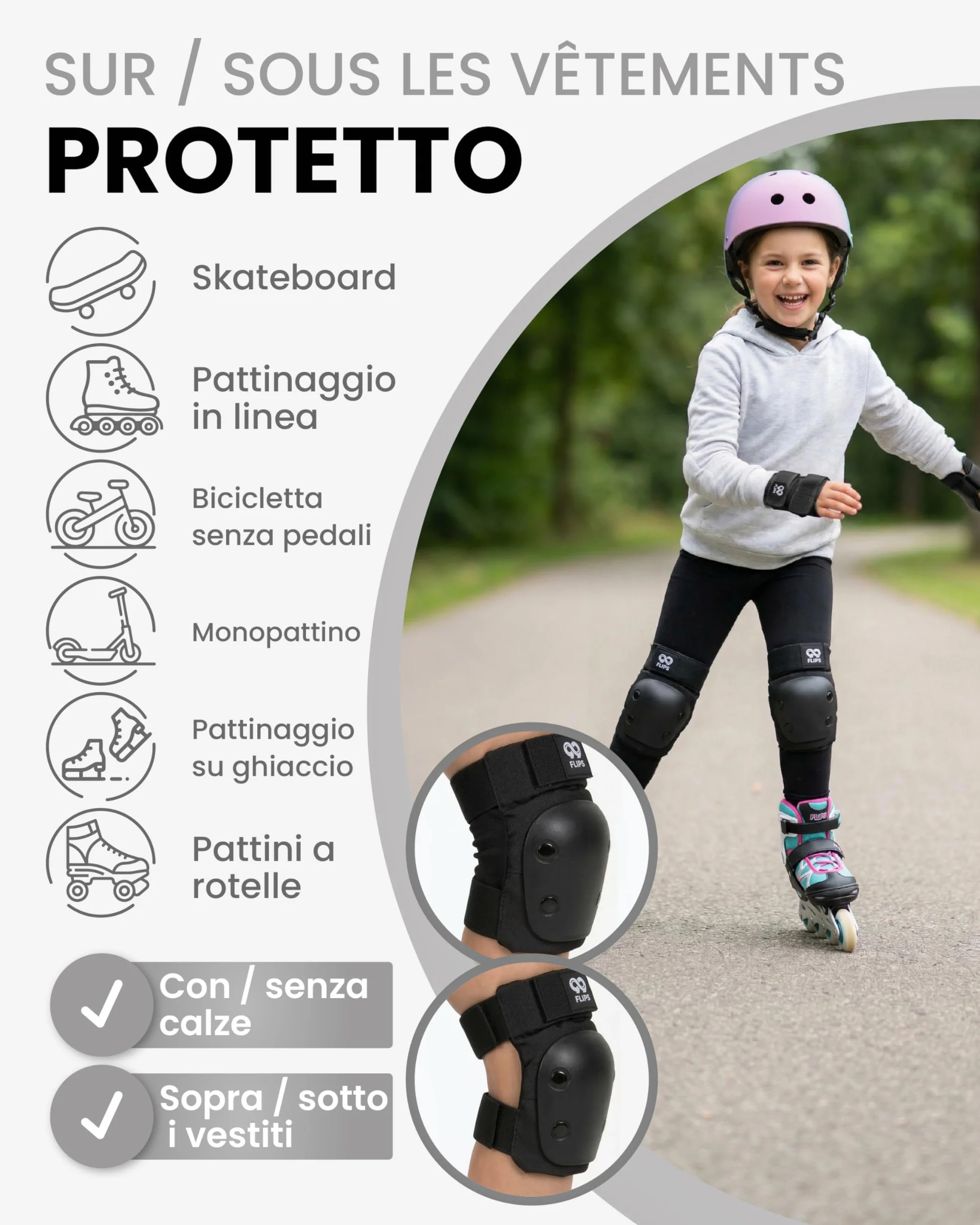 99FLIPS Protezioni Pattini Bambina Ginocchiera Bambini Set Protezione Skateboard NERO XS