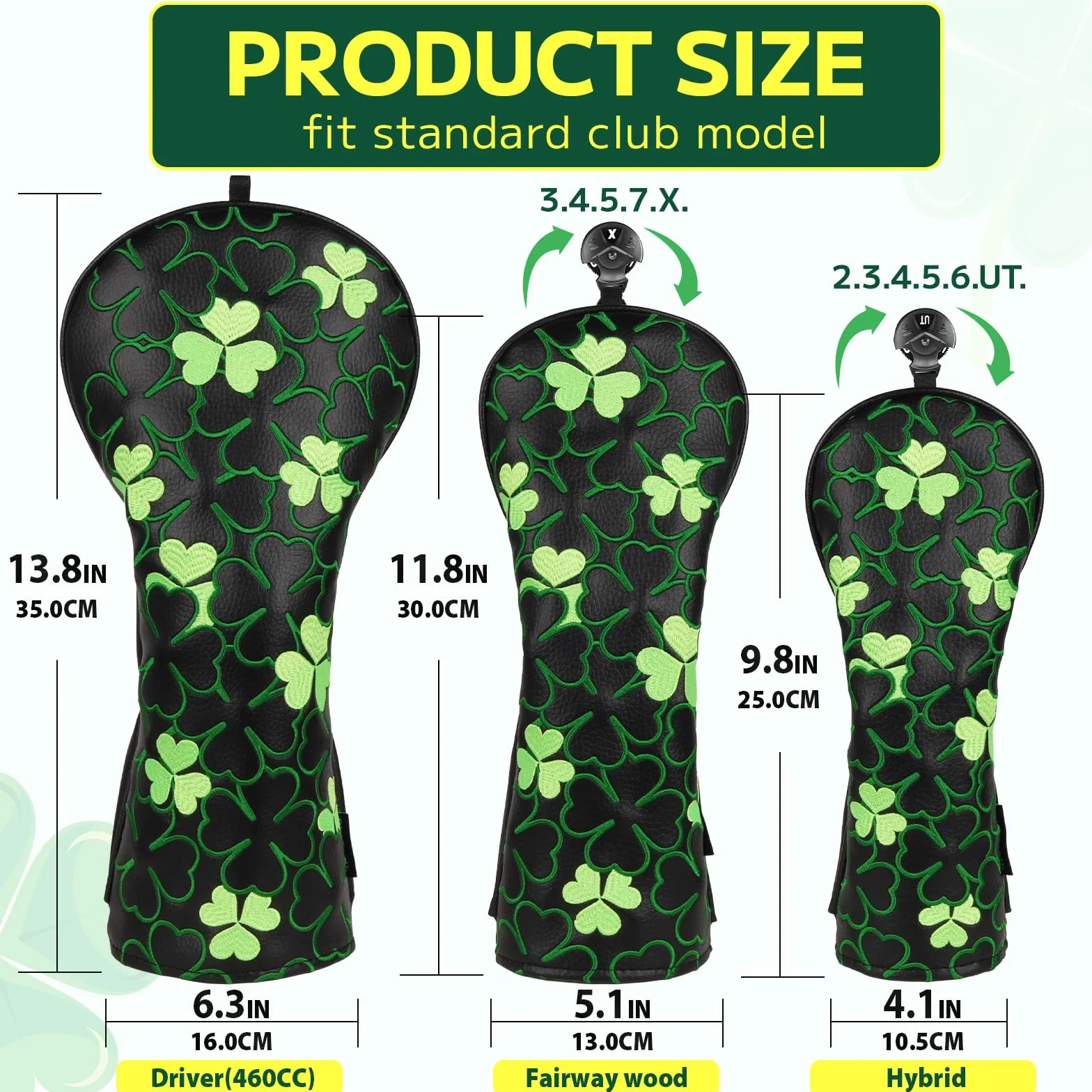 Copritesta in legno per mazze da golf, per driver/fairway/ibrido/1FH/putter, in pelle PU nera, ricamo con trifoglio verde fortunato