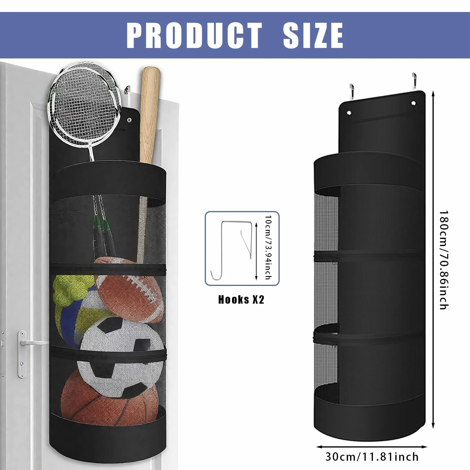 Organizer da appendere sopra la porta, borsa sportiva sospesa con ganci in metallo, supporto per palla, riporre pallacanestro, calcio, pallavolo, tennis, nero