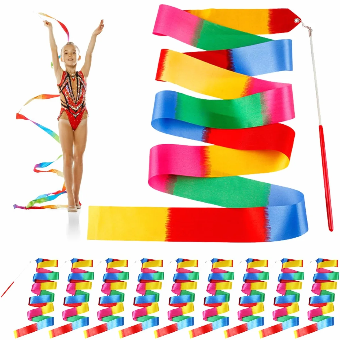 Nastro Ginnastica Ritmica Bambina 2M con Bastoni, Nastri da Danza per Bambini Allenamento