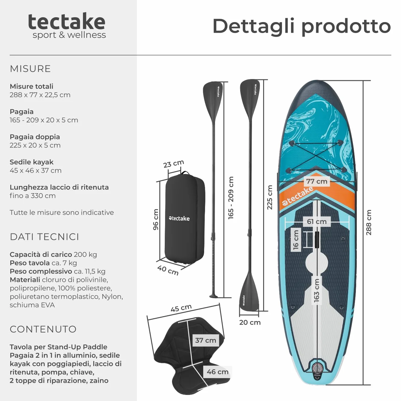Tectake Sup Gonfiabile Tavola Stand Up Paddle Board 2 in 1 Kayak Sedile SUP Pompa Pinne Zaino Pagaia Drop Stich Schiuma EVA Carico Max 200 kg