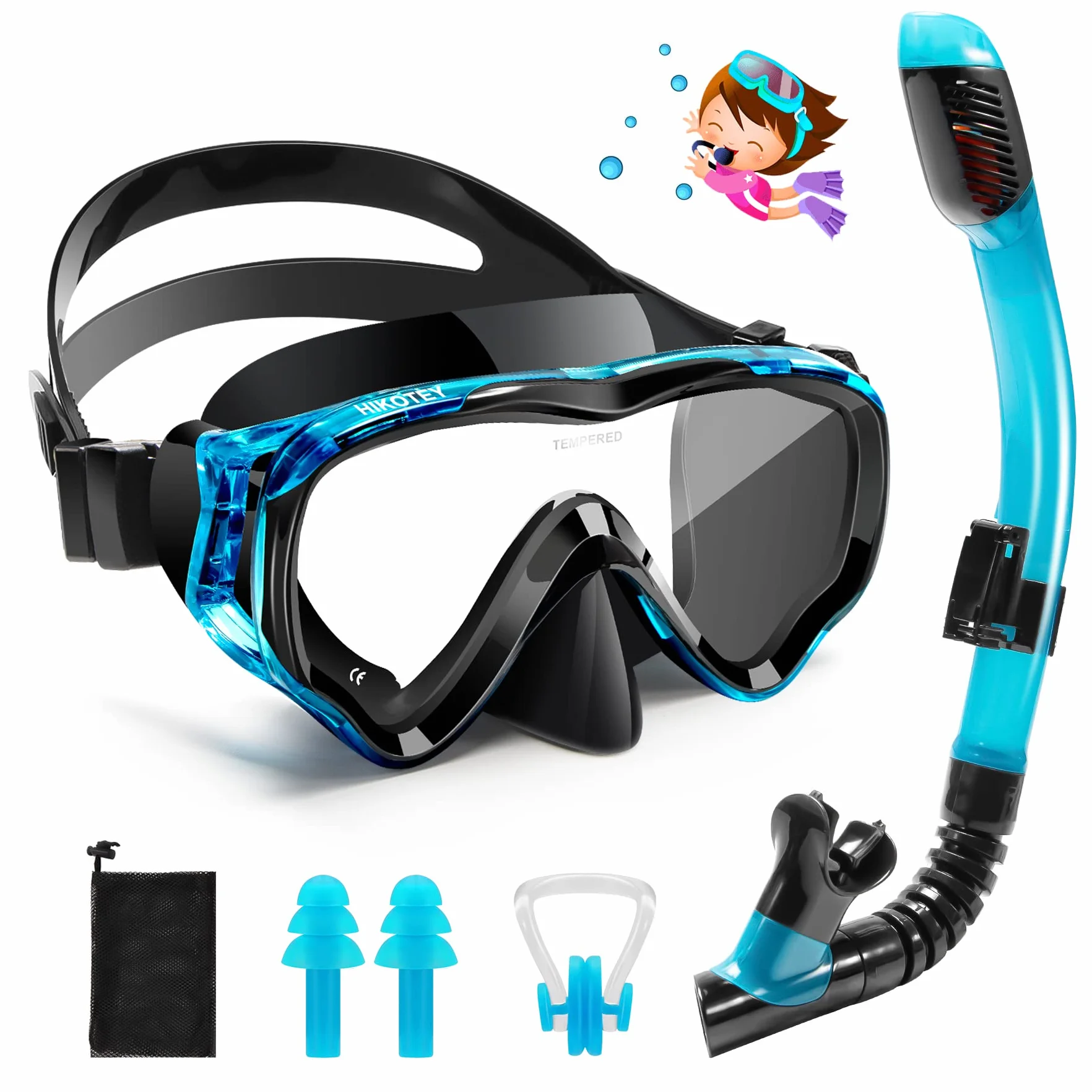 Maschera Immersione per Bambini,Maschera per Immersioni Anti-Nebbia & Anti-Perdite Panoramica 180°,Dotato di Tappi per le Orecchie e Clip per il Naso,Adatto a Bambini dai 4 ai 16 Anni