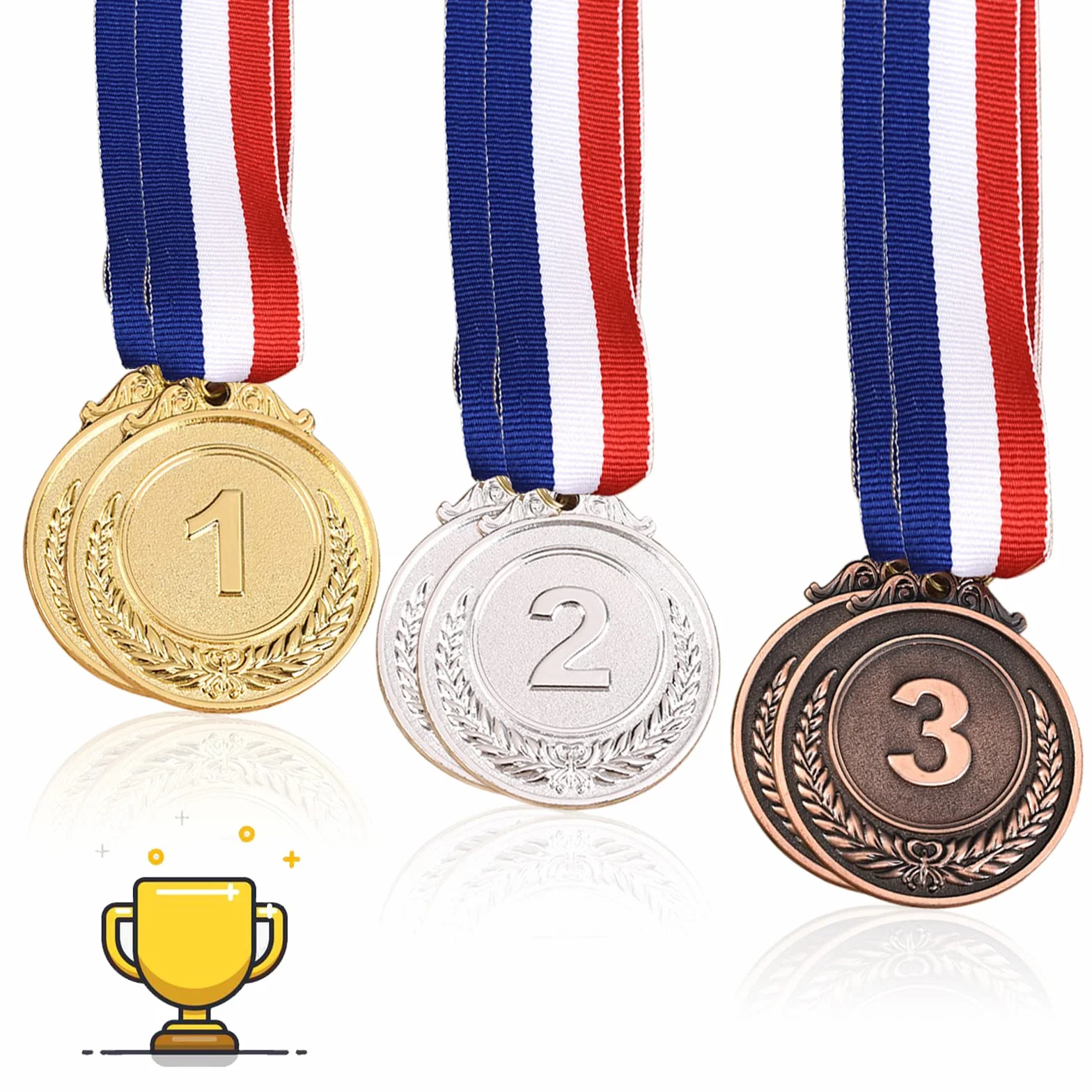 Medaglie Premiazioni Metallo 6 Pezzi Oro Argento Bronzo con Nastri per Bambini