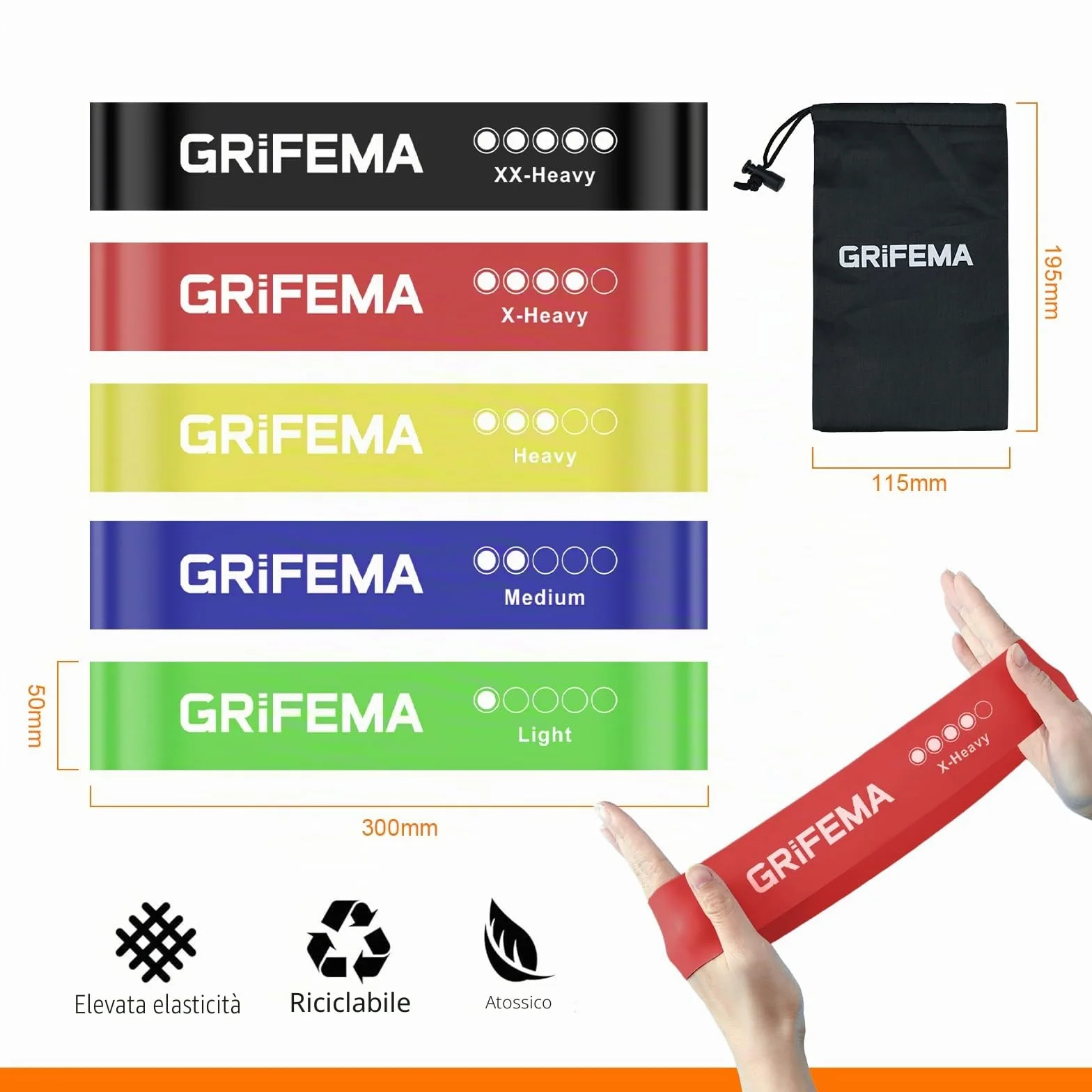 GRIFEMA GA5001 Elastici per Bodybuilding, 5 Livelli di Resistenza, per Yoga, Pilates e Allenamento di Forza
