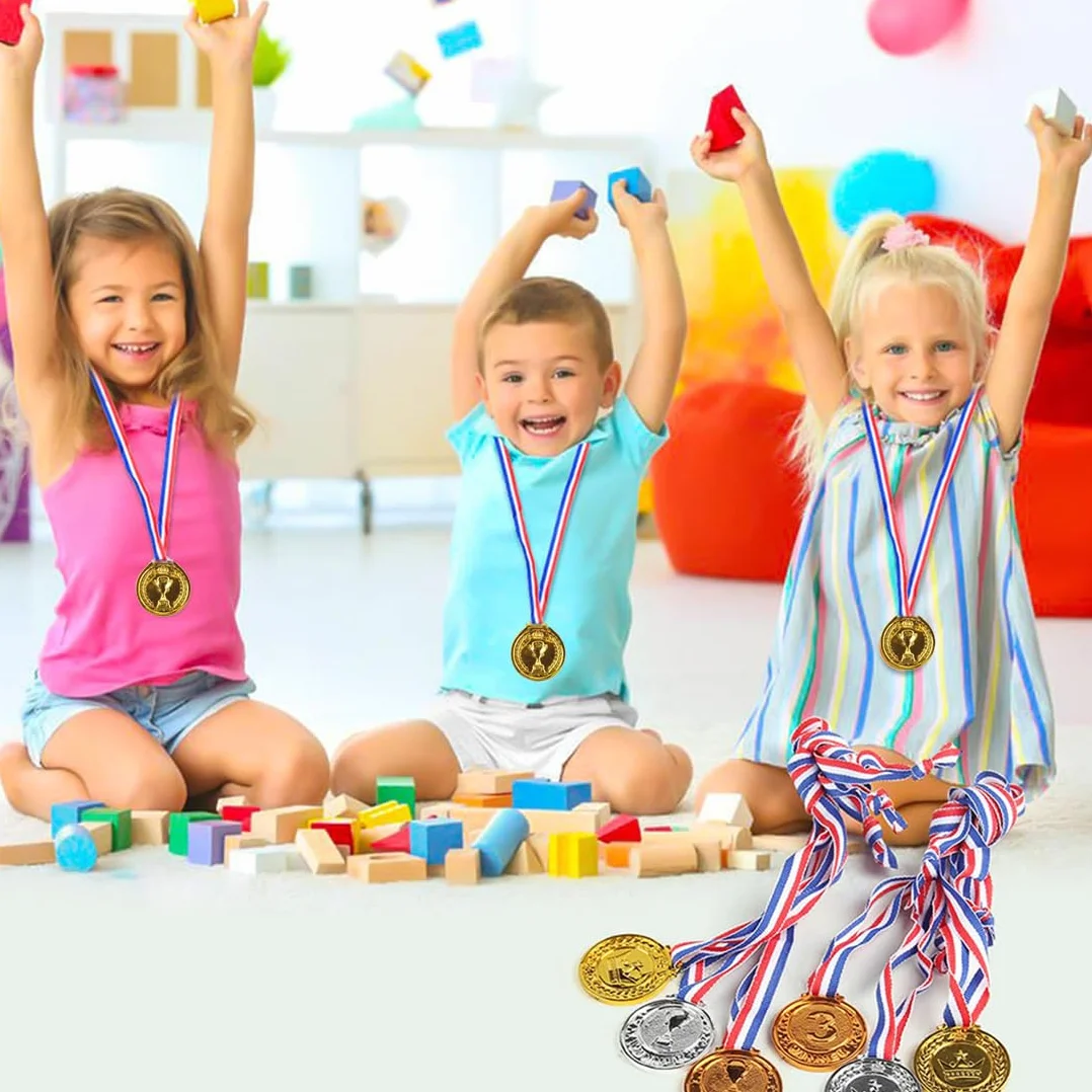 Medaglie vincitore in plastica per bambini 10 pezzi con nastri al collo Oro