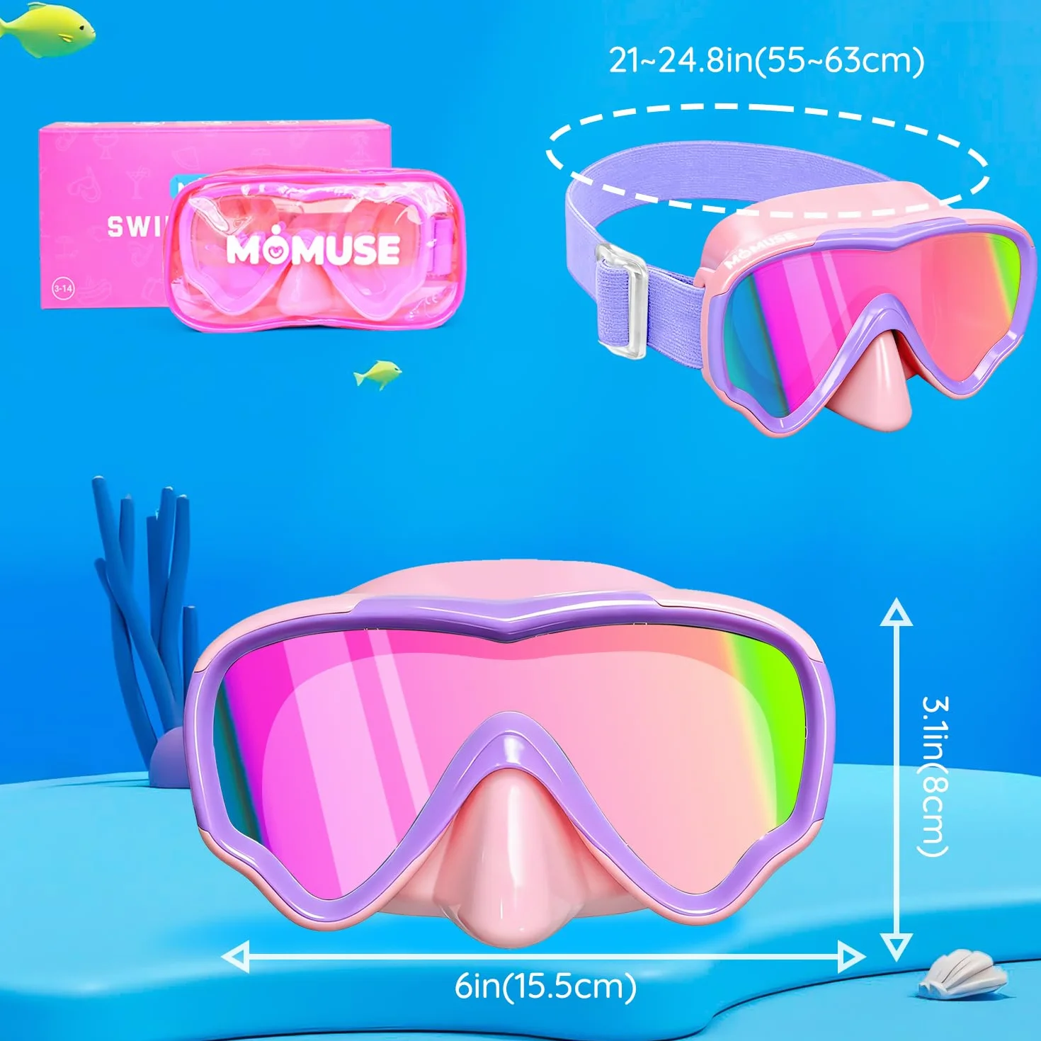 Occhialini Nuoto Bambini con Protezione UV e Cinturino in Tessuto Morbido, MOMUSE Occhialini Piscina Bambino con Copertura per il Naso 3D, Maschera Snorkeling per Bambino Bambina 3-14 Anni