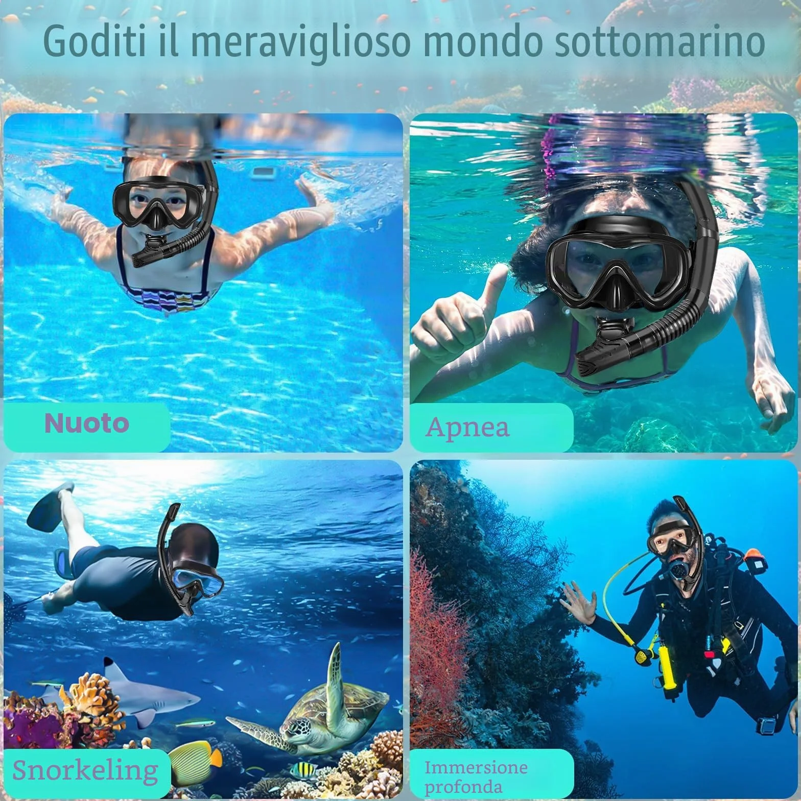 Maschera Snorkeling Adulto, Set Snorkeling Panoramici 180°, Antiappannamento Anti-Perdite per Nuoto Immersioni