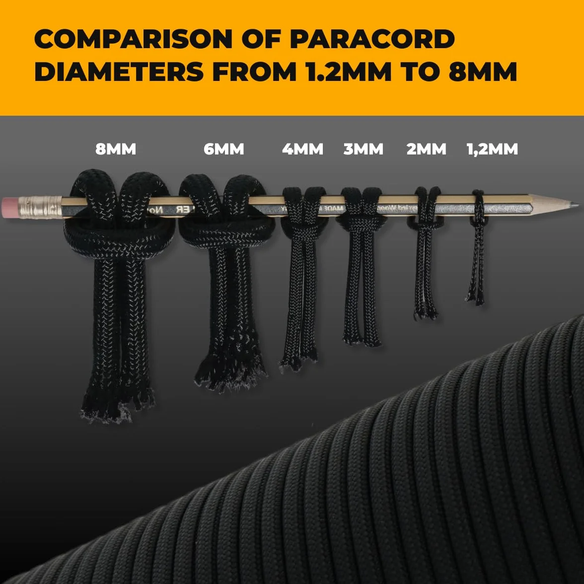 Paracorde 1,2 mm - 8 mm Noir 100% Nylon 10 m 20 m 30 m 50 m 100 m pour Artisanat Bricolage Camping