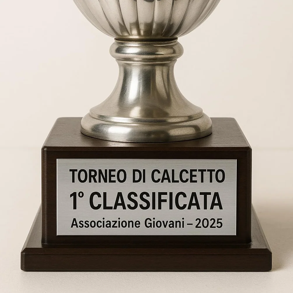 Targhetta per Trofei e Coppe in Laminato Plastico Oro o Argento incisa a Laser con Biadesivo 3M