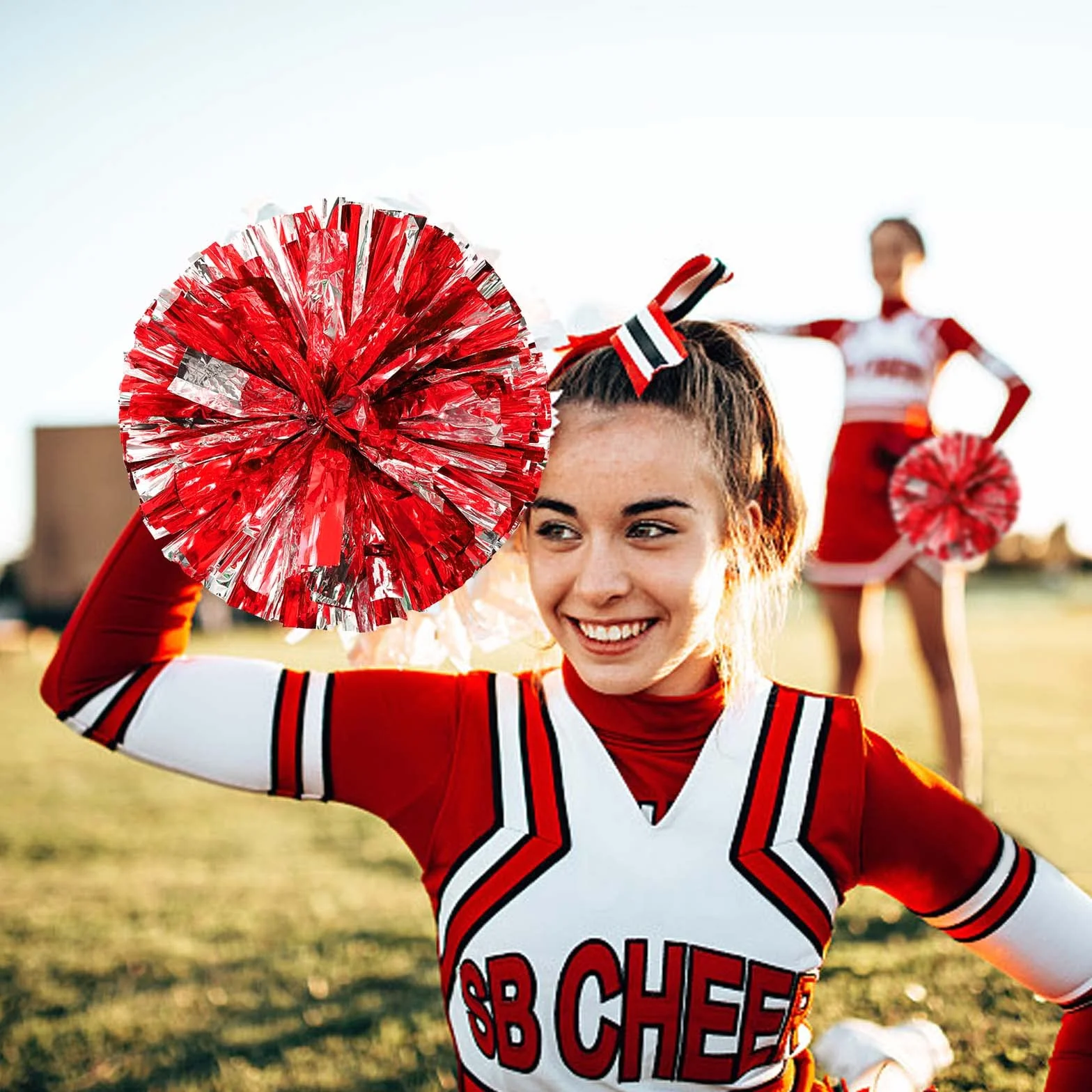 Pompon da Cheerleader con Manici 2 Pezzi Rosso per Ragazze Adulti Sport Festa