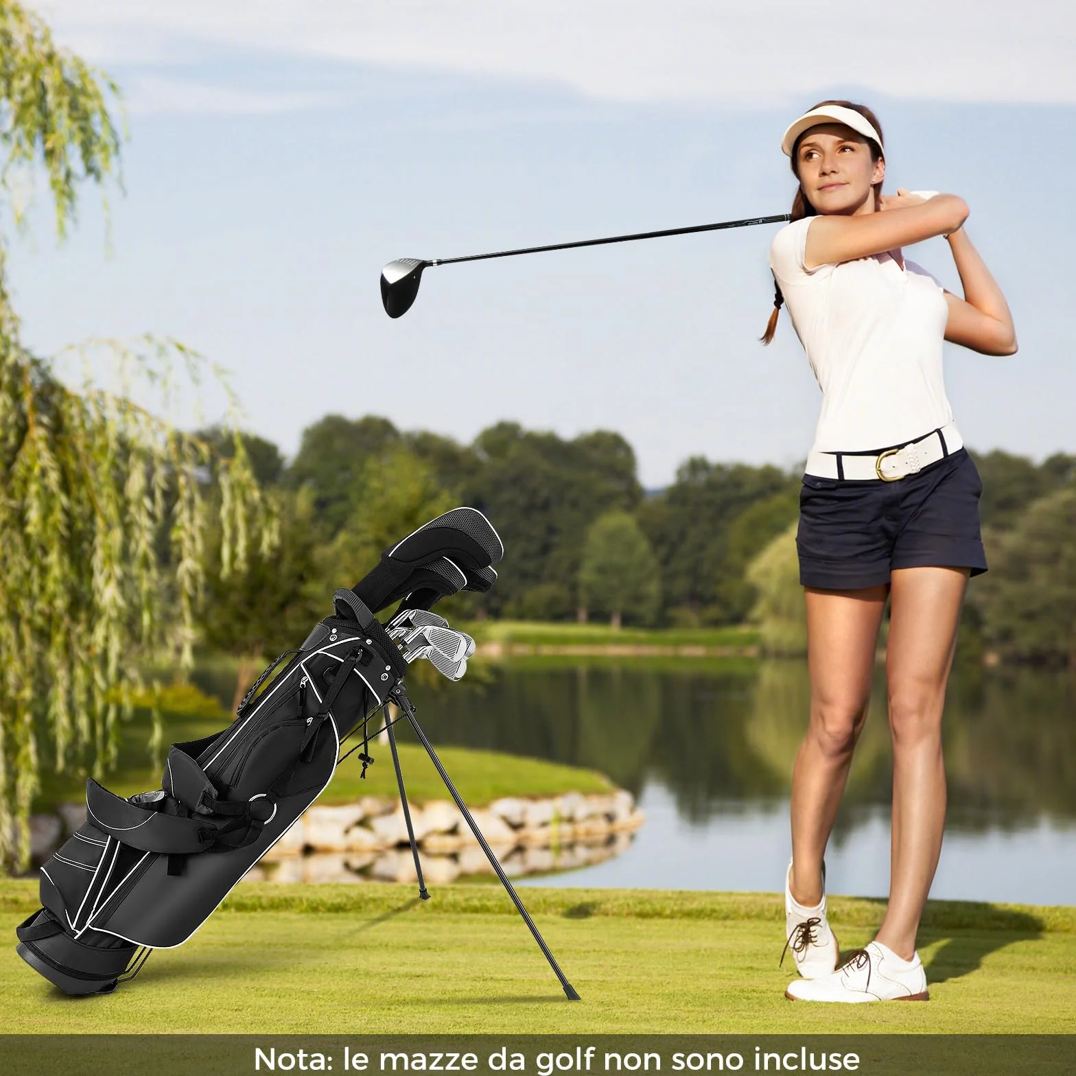 COSTWAY Sacca da Golf con Supporto, Borsa da Golf a 4 Scomparti con 4 Tasche con Cerniera, Borsa Frigo, Tracolla Doppia, Cappuccio Antipioggia, Supporto per Ombrellone