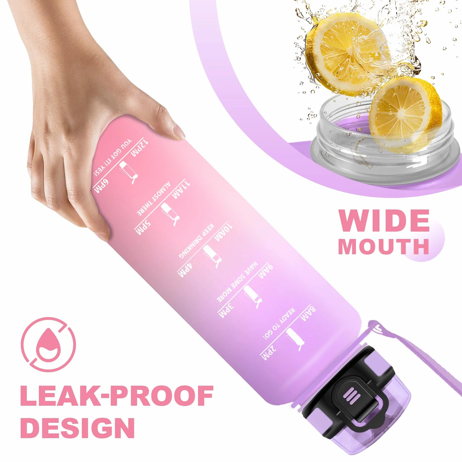 Borraccia Sport 1,5L con Filtro Senza Perdite e Indicatore del Tempo per Campeggio, Viaggio, Gym