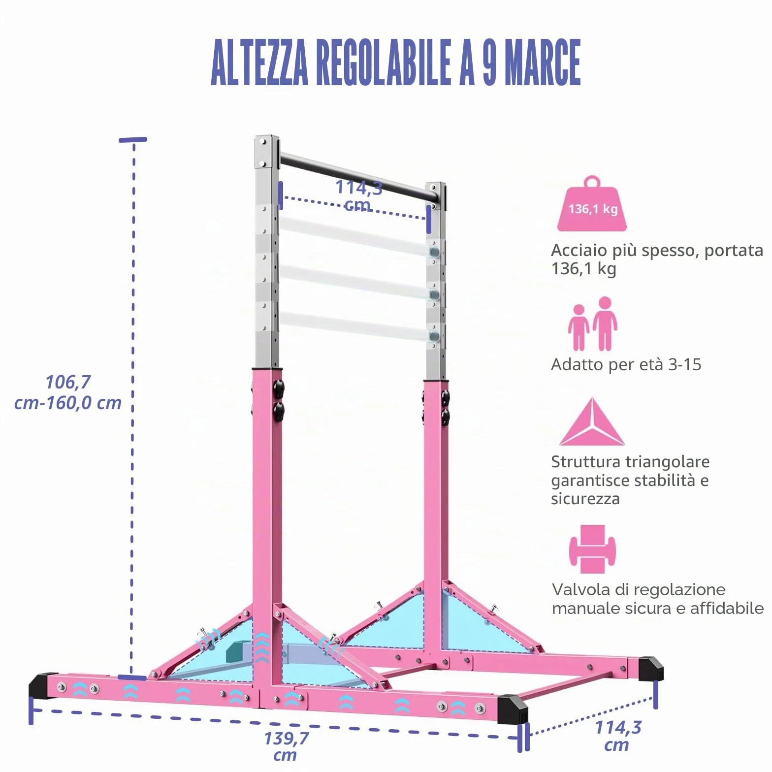 Barra da Ginnastica Pieghevole per Bambini, Regolabile in Altezza, Struttura in Acciaio Stabile, Antiscivolo