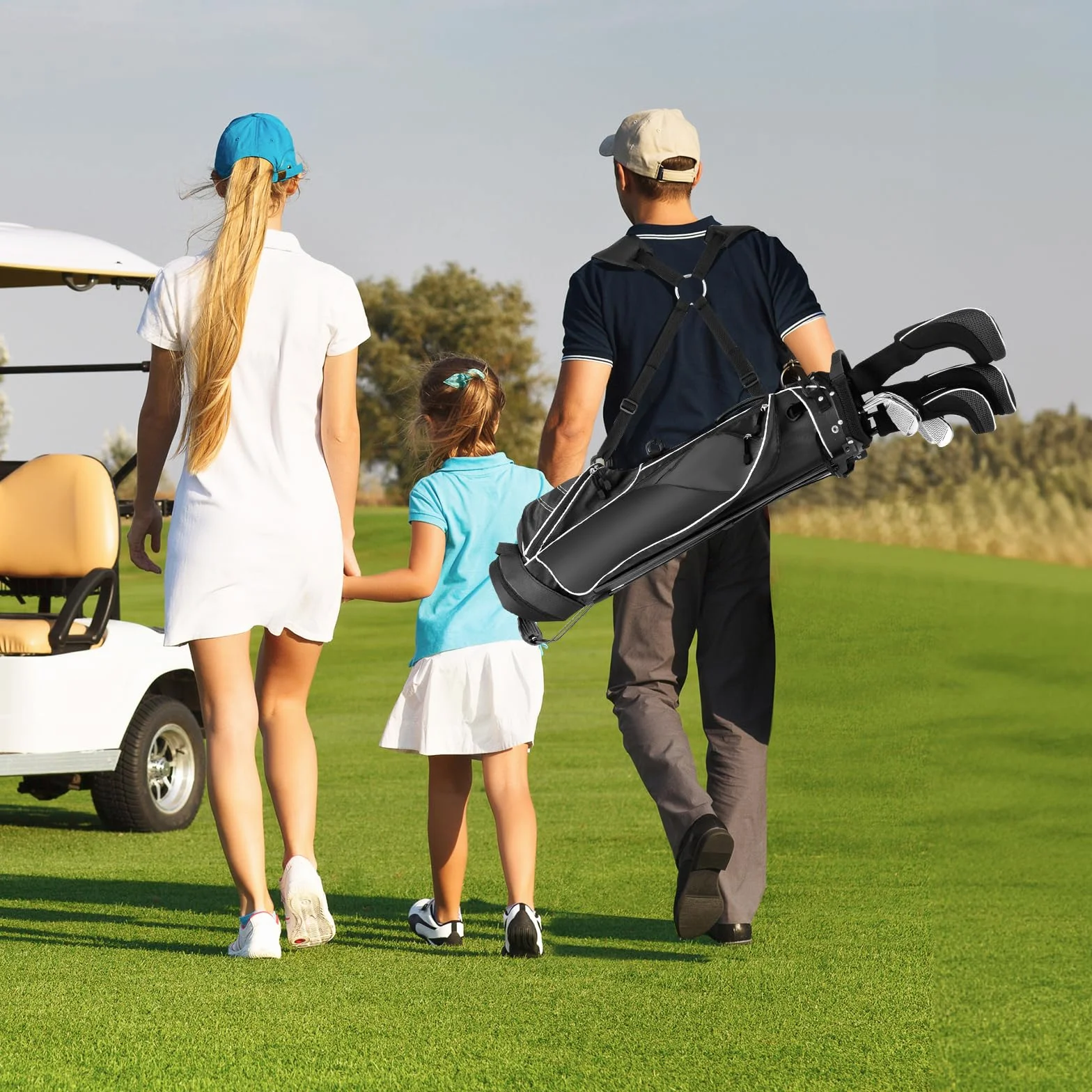 COSTWAY Sacca da Golf con Supporto, Borsa da Golf a 4 Scomparti con 4 Tasche con Cerniera, Borsa Frigo, Tracolla Doppia, Cappuccio Antipioggia, Supporto per Ombrellone