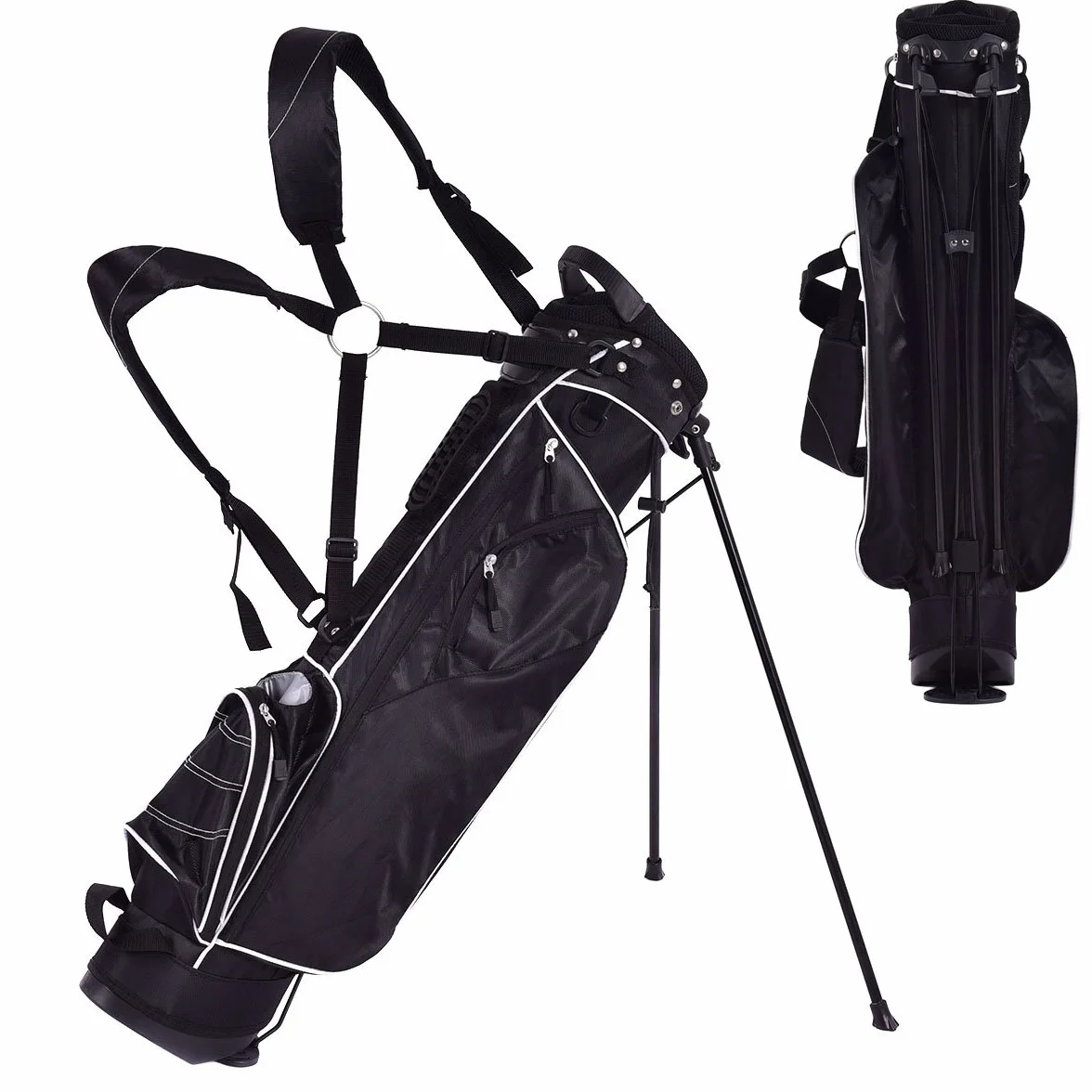 COSTWAY Sacca da Golf con Supporto, Borsa da Golf a 4 Scomparti con 4 Tasche con Cerniera, Borsa Frigo, Tracolla Doppia, Cappuccio Antipioggia, Supporto per Ombrellone