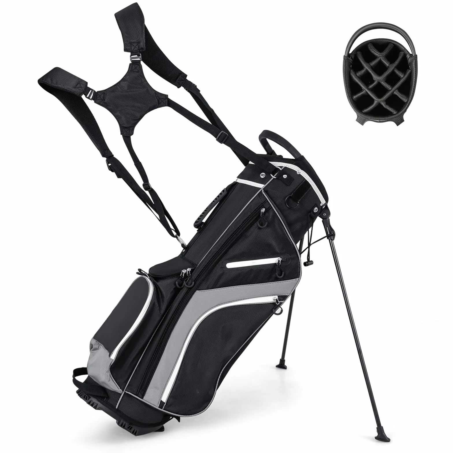 COSTWAY Sacca per Mazze da Golf, Borsa da Golf con Supporto, Divisori a 14 Vie, 6 Tasche, Borsa Frigo, Doppia Tracolla e Cappuccio Antipioggia, Ideale per Uomini e Donne