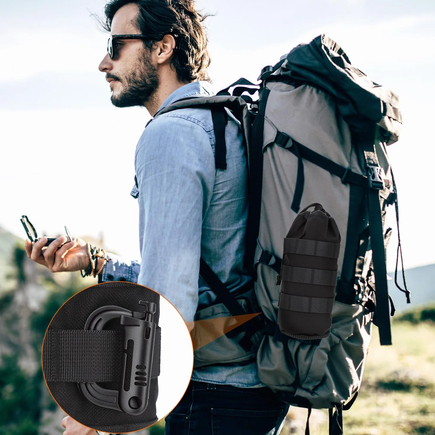 Borsa Porta Borraccia Tattica 2 Pezzi QWORK 24x10 cm Resistente all'Acqua per Escursionismo Ciclismo Sport All'aperto