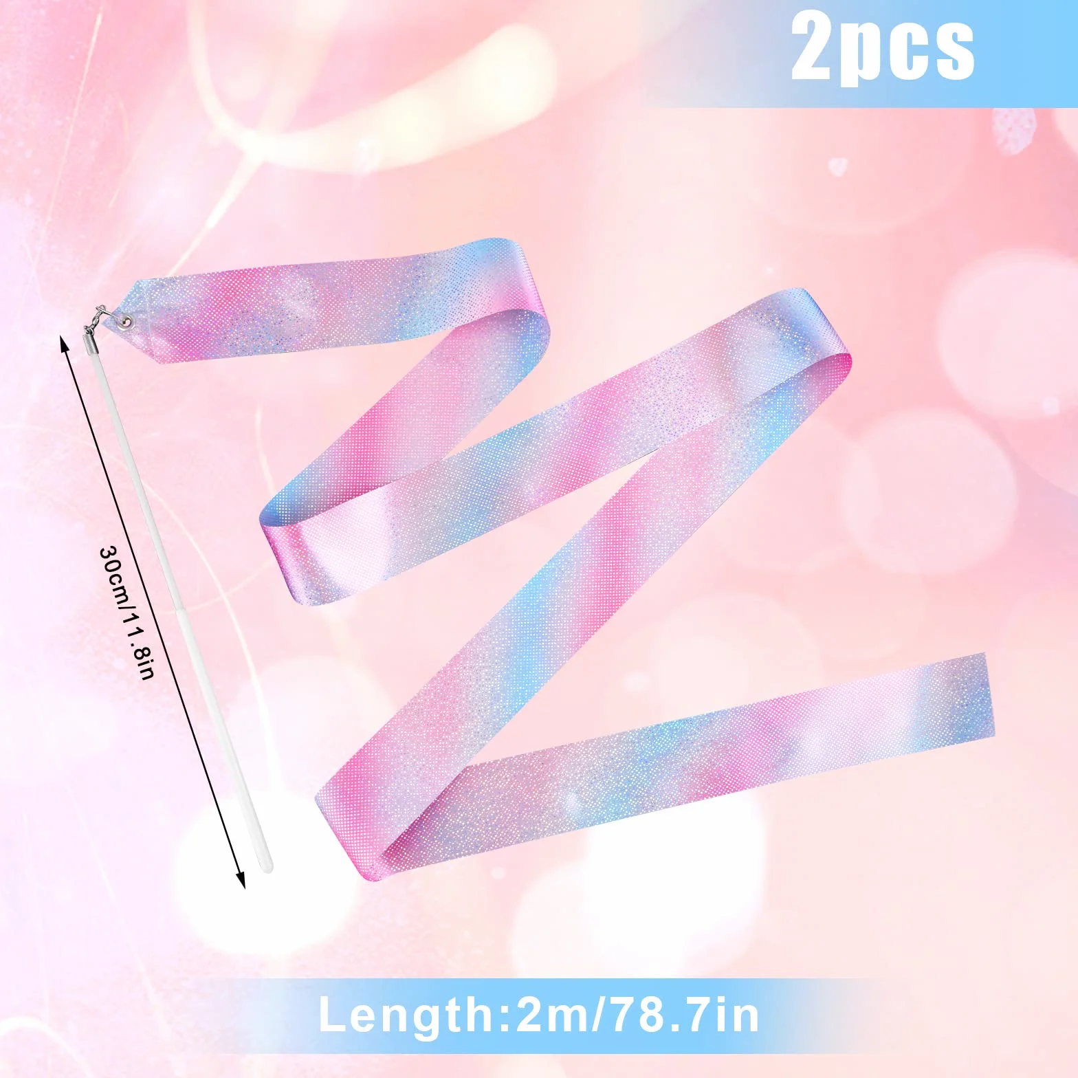 KINBOM 2 pezzi Nastro da Ballo, Dance Ribbons 2 m per Bambini Ginnastica Danza Artistica con Bacchetta