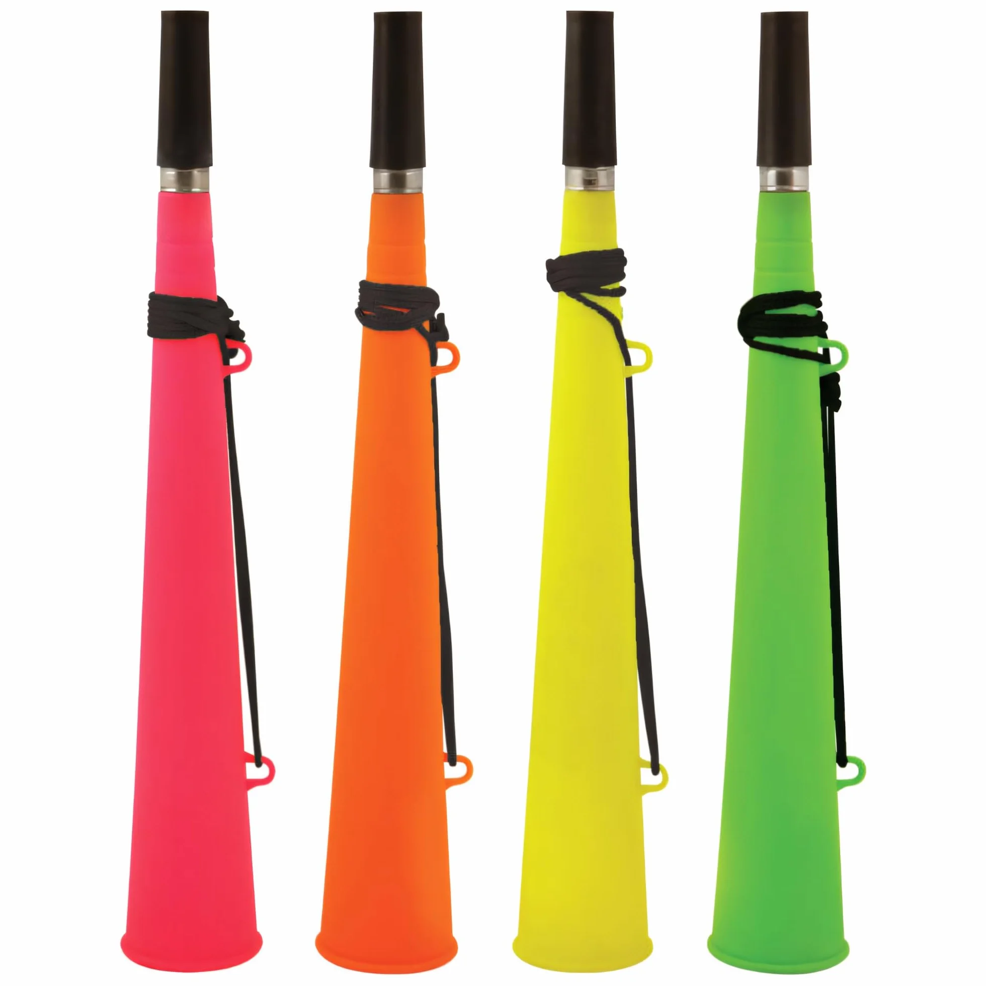 Vuvuzela plastica rumorosa per calcio adulti con cordino 4 confezioni assortiti