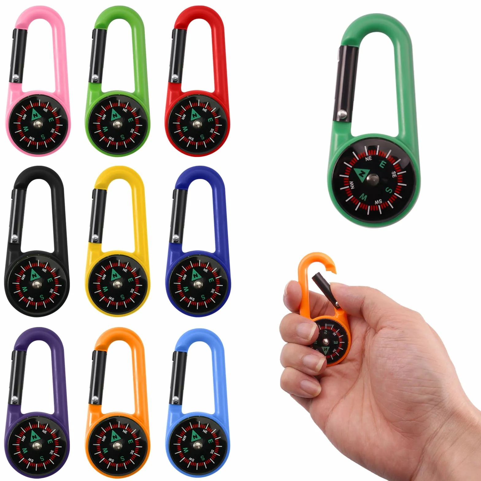Bussola Portachiavi 10 Pezzi Bussola di Sopravvivenza da Campeggio con Moschettone Multicolor per Attività all'aperto