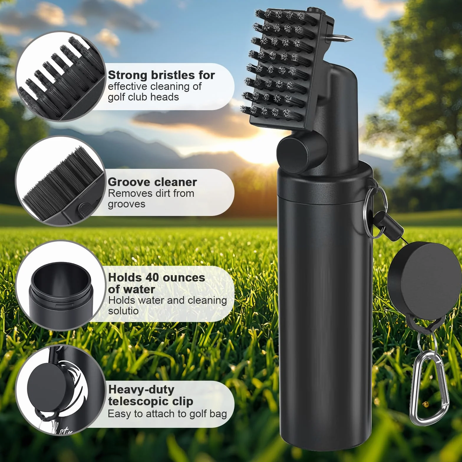 Spazzola per Pulizia Mazze da Golf con Bottiglia 118ml, Clip Fissaggio, Scanalature U e V
