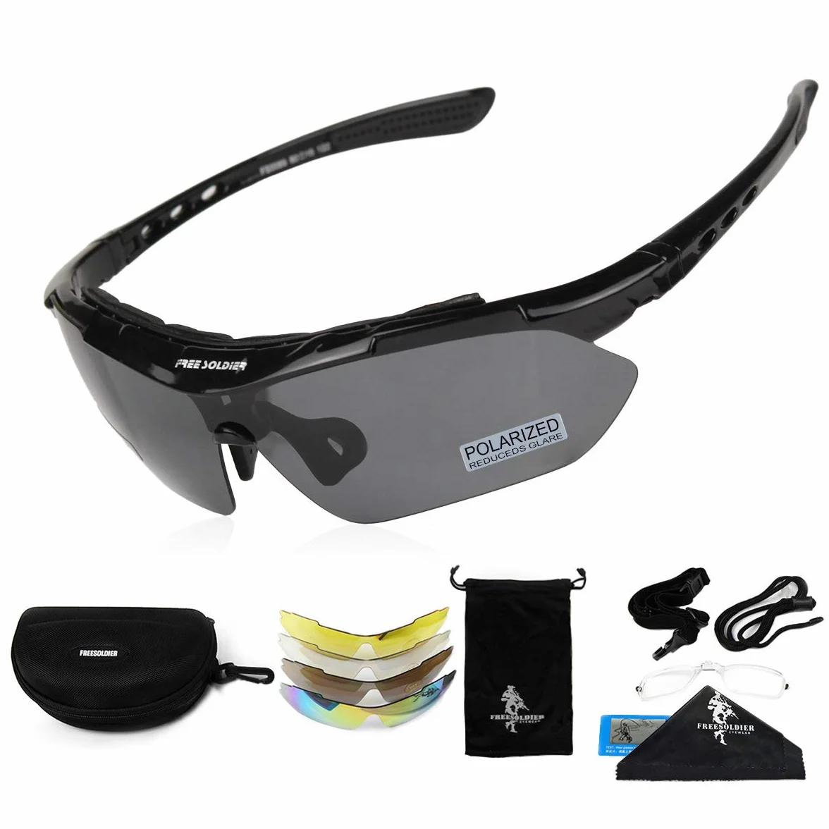 FREE SOLDIER Occhiali da Sole Polarizzati Uomo 5 in 1 Ciclismo MTB Tattici Militari Anti-UV400 Protezione Sport All'aperto