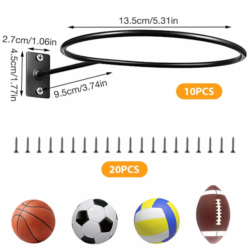 mizikuu Supporti da Parete per Pallacanestro, 10 Pezzi Supporto per Pallone da Calcio con 20 Viti Universale Supporti da Parete per Pallone in Metallo per Pallacanestro, Calcio, Pallavolo, Rugby, Nero