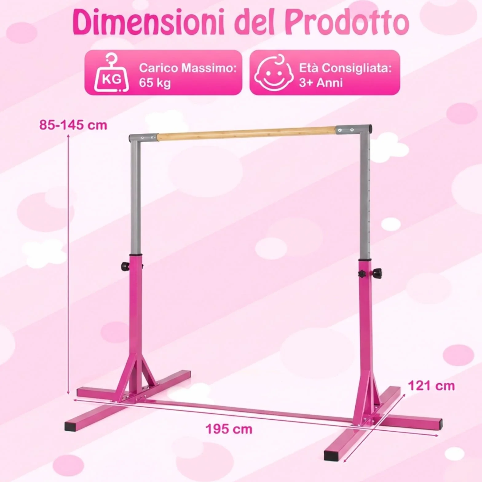 COSTWAY Sbarra per Ginnastica e Danza per Bambini, Barra in Metallo e Bambù Regolabile in Altezza 85-145 cm, Portatile con Cuscinetti Antiscivolo