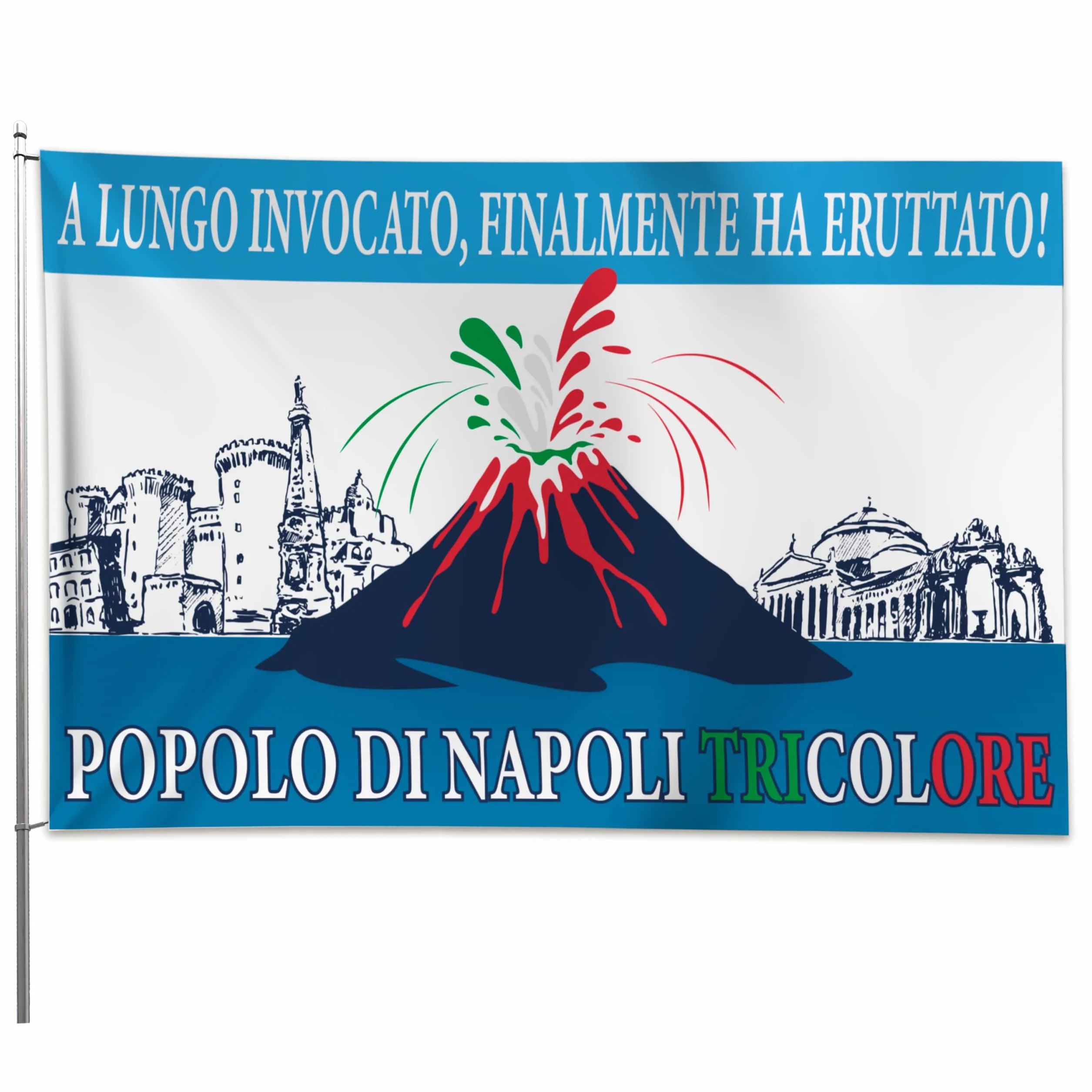 Bandiera 4° Scudetto Popolo di Napoli - Bandiera "Vesuvio Erutta" 90x150 cm - Gadget 4° Tricolore - Regalo Tifoso Calcio, Senza Asta