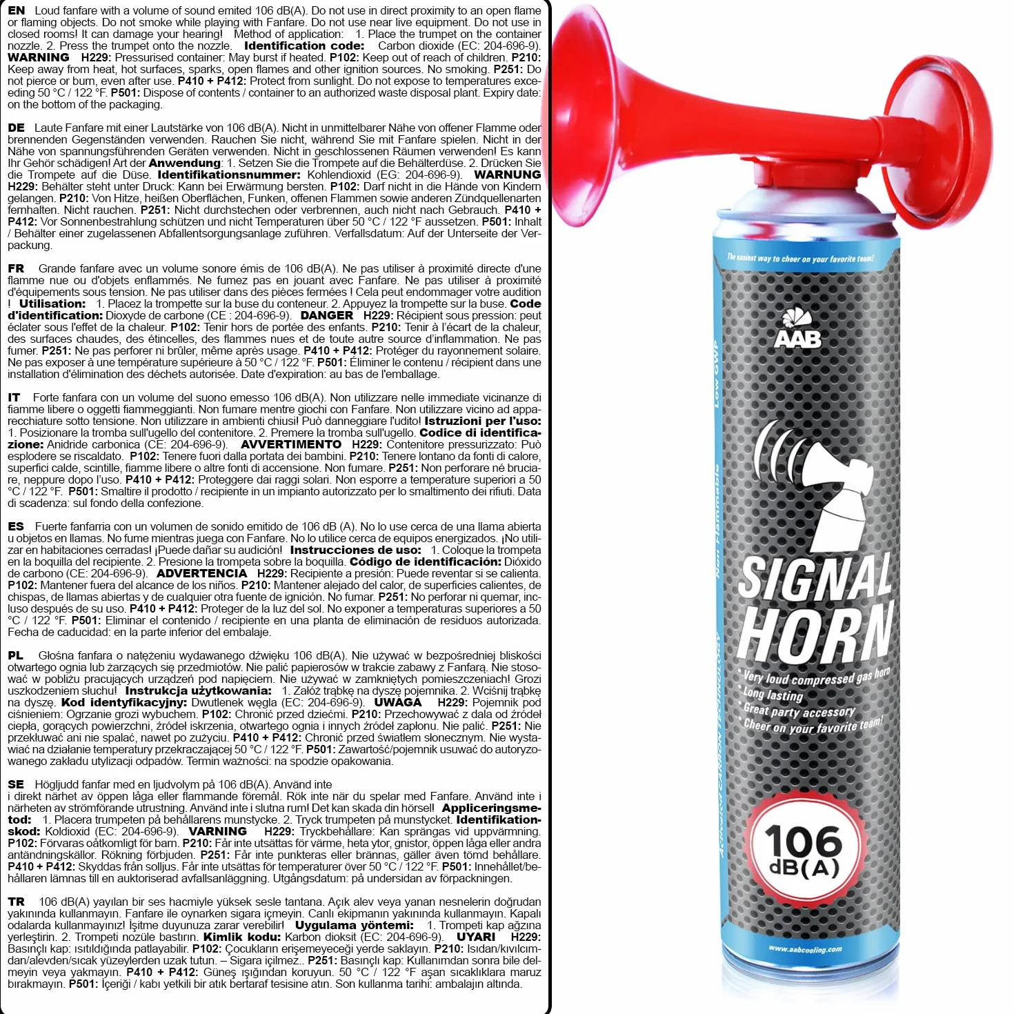 AAB Signal Horn -Fino a 320 Segnali Brevi, Segnalatore Acustico Molto Rumorosa, Trombetta da Stadio ad Aria Compressa con Gas Non Infiammabile, Trombe Stadio per Feste, Gas Trombetta, Trombette