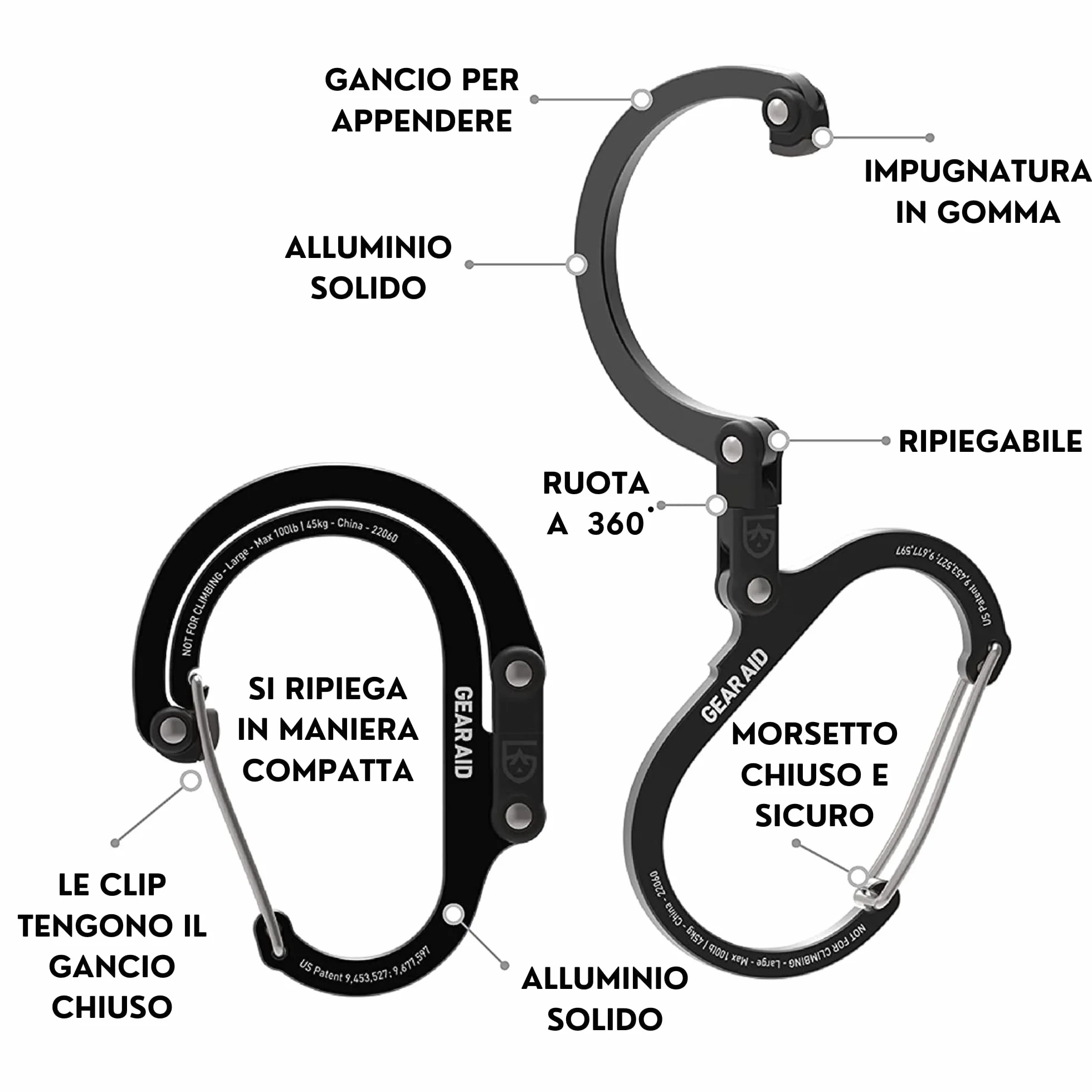 GEAR AID HEROCLIP Moschettone girevole 360° gancio medio campeggio zaino