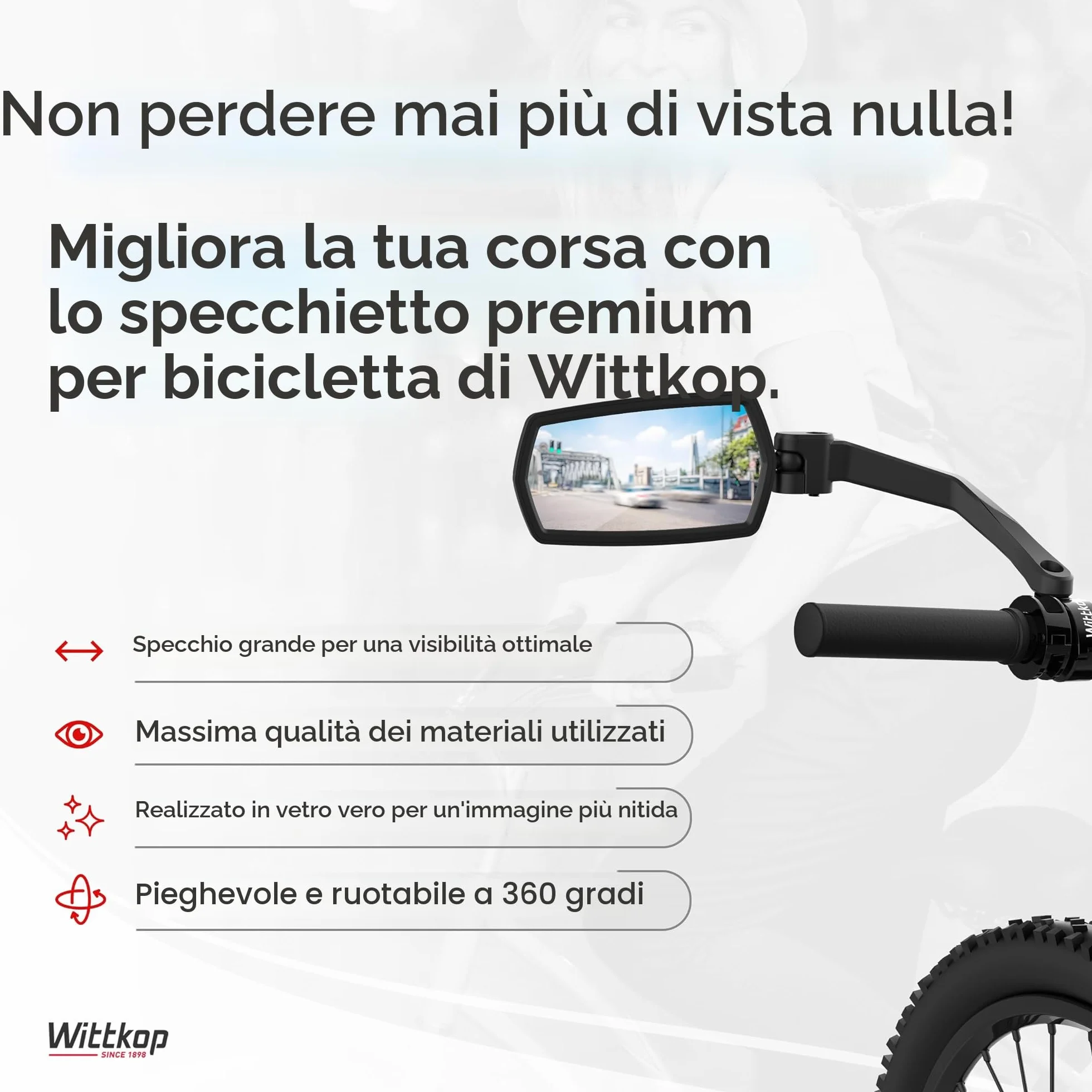Specchietto convesso per bicicletta Wittkop ampio campo visivo HD ruotabile 360° infrangibile