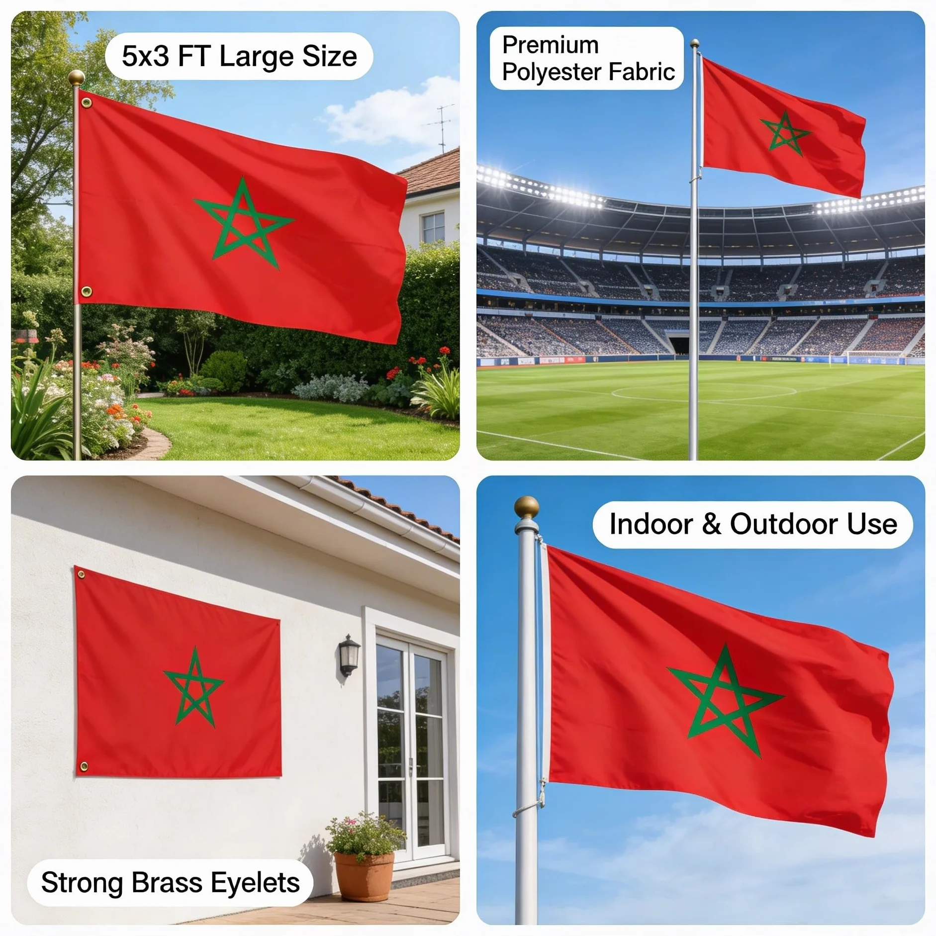SHATCHI Grande 150 x 90 cm Bandiera nazionale del Marocco Marocco, tessuto di poliestere in ottone, occhielli per la Coppa del Mondo FIFA Football Rugby Sport sostenitore