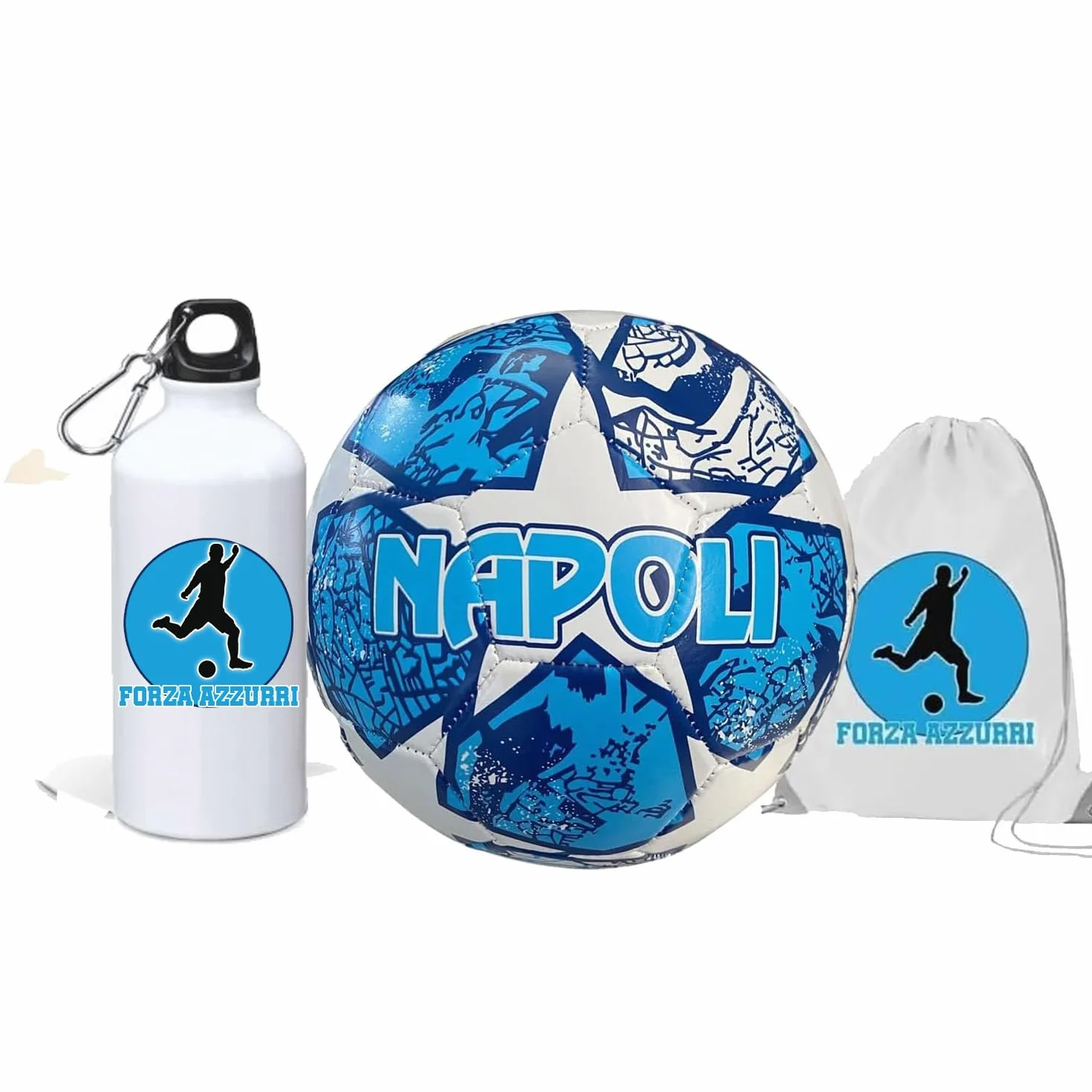Generico Pallone con i colori del Napoli calcio e scritta Forza Azzurri + una borraccia alluminio e una sacca in nylon con stampa dei colori della tua squadra del cuore partenopeo tifoso regalo