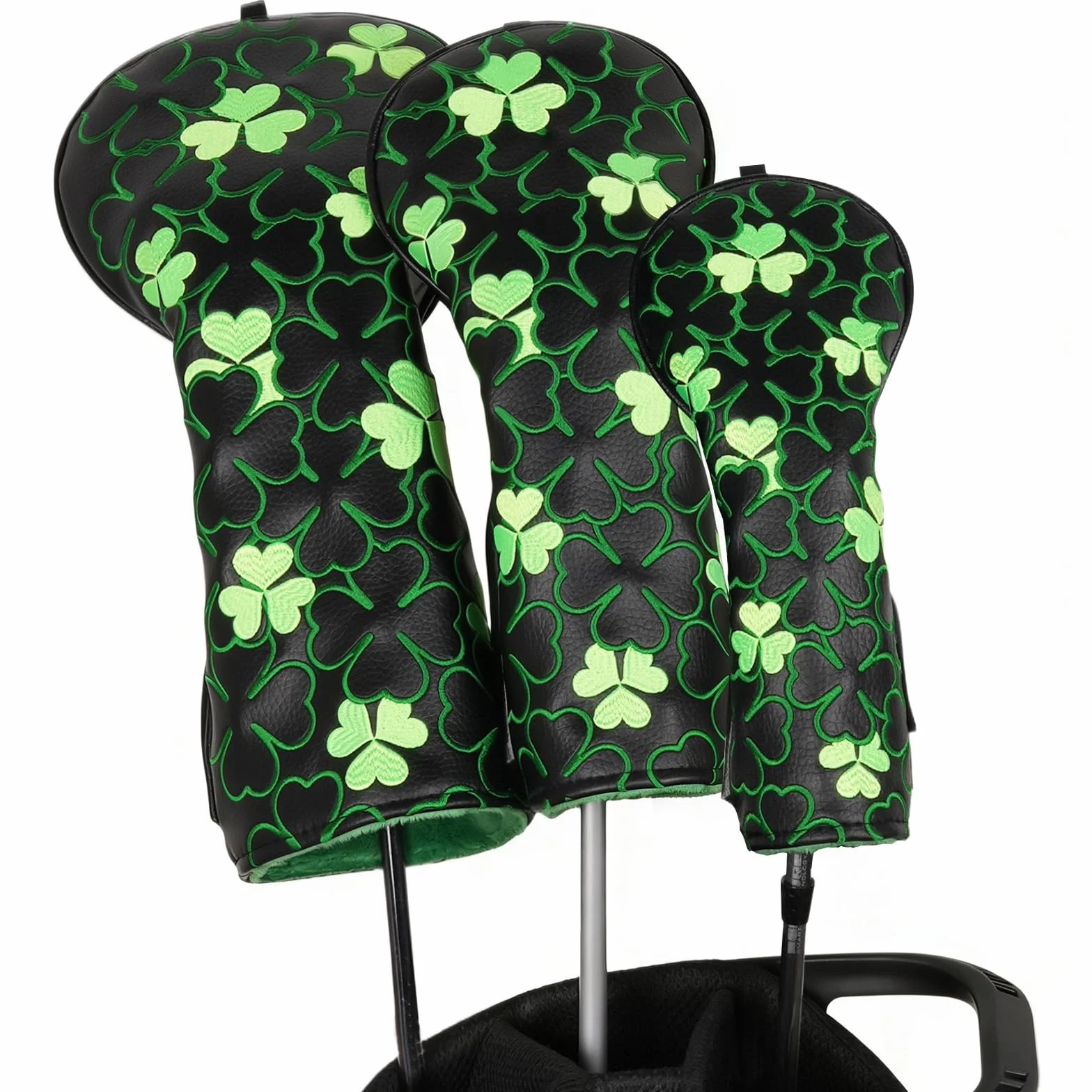 Copritesta in legno per mazze da golf, per driver/fairway/ibrido/1FH/putter, in pelle PU nera, ricamo con trifoglio verde fortunato