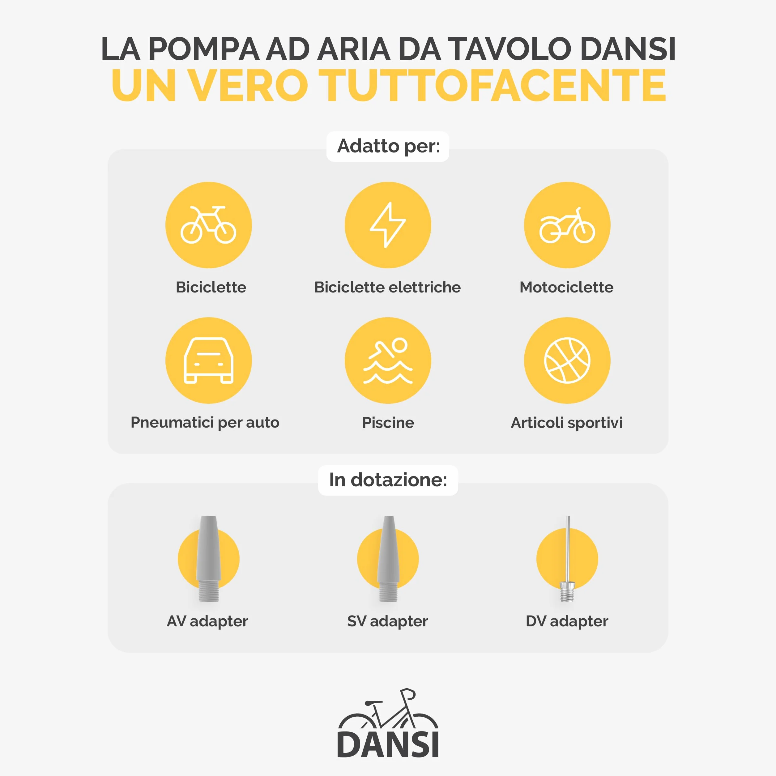 DANSI Pompa per bicicletta a pedale con manometro grande, adattatori e serbatoio AV/SV/DV per bici, moto, auto