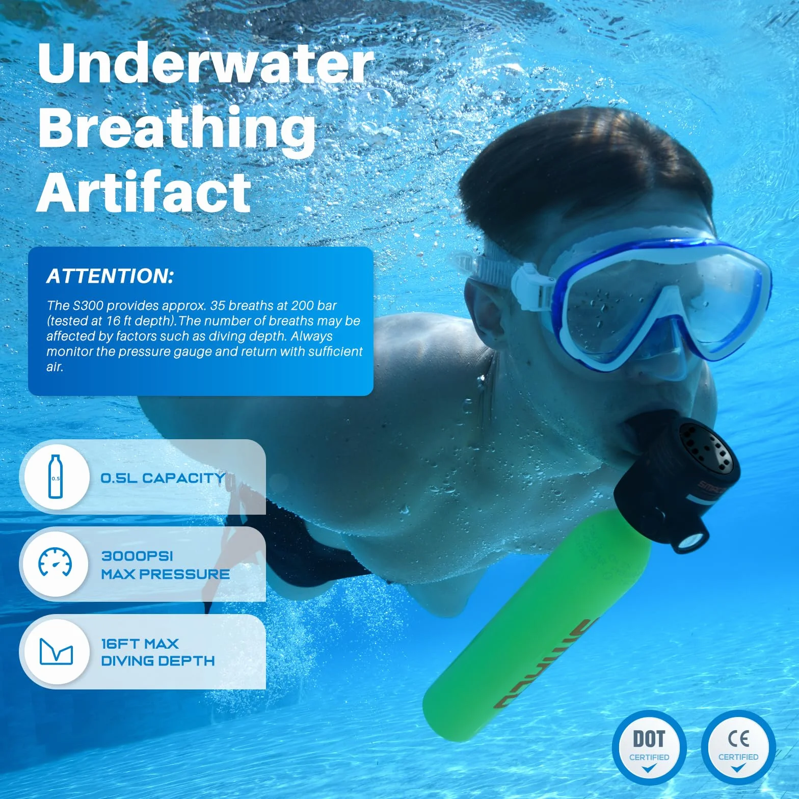 SMACO S300 Mini Bombola Sub 0.5L Portatile Subacquea per Immersioni