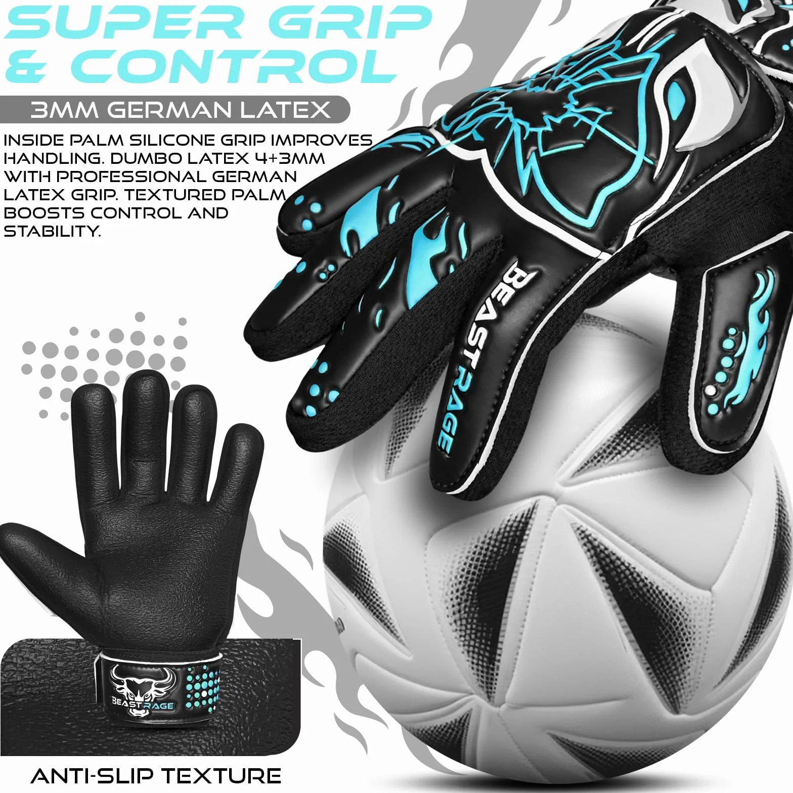 BEAST RAGE Guanti da portiere bambini lattice tedesco antiscivolo palmo laminato 3+4 mm dorso leggero cinturino regolabile