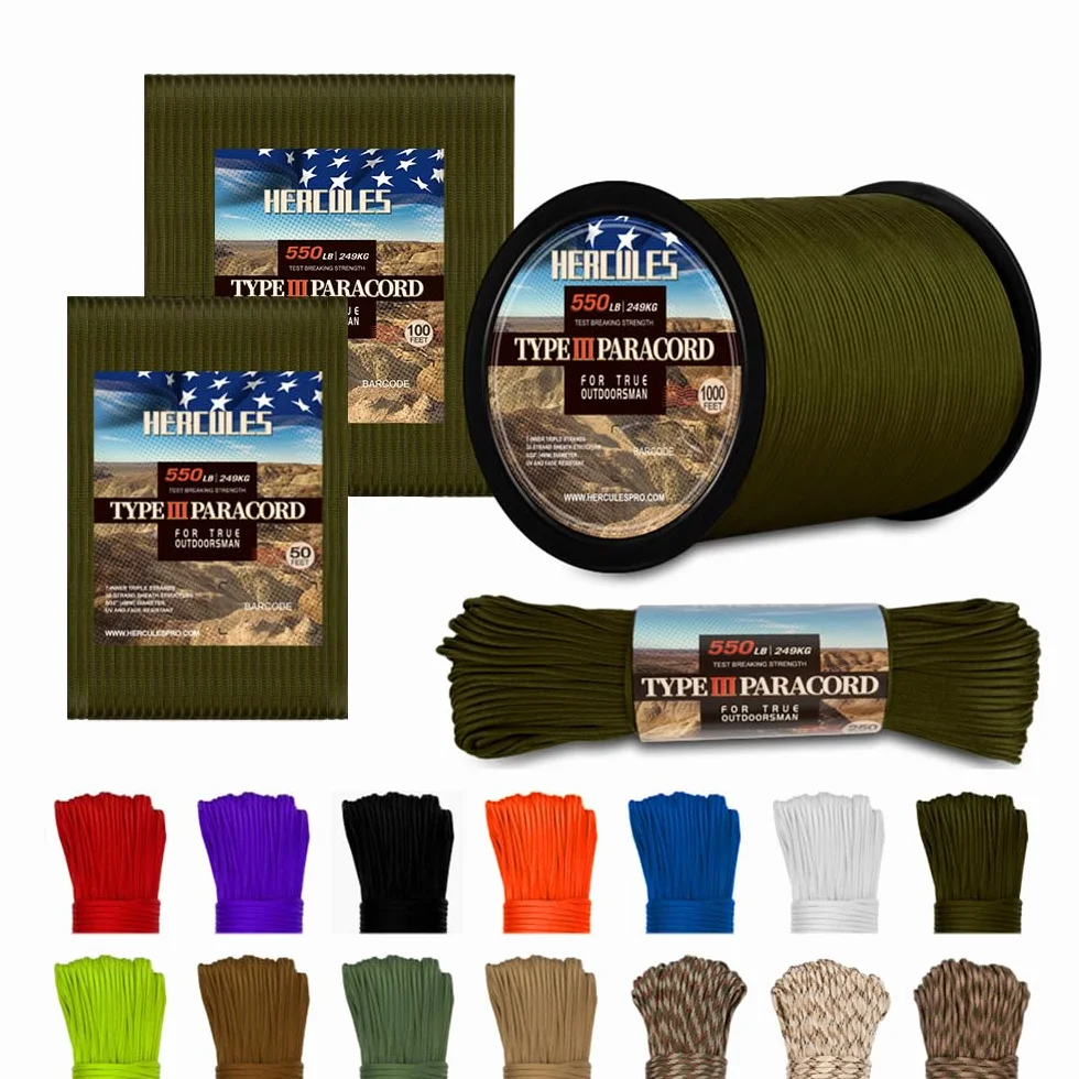 Paracord 550 Corda per paracadute HERCULES Tipo III, verde militare 50' per sopravvivenza campeggio