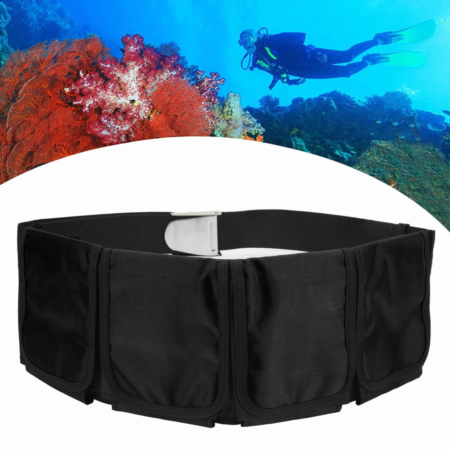 Cintura per Pesi da Sub Regolabile con Fibbia a Sgancio Rapido e 4 Tasche per Immersioni, Snorkeling, Apnea (Nero)