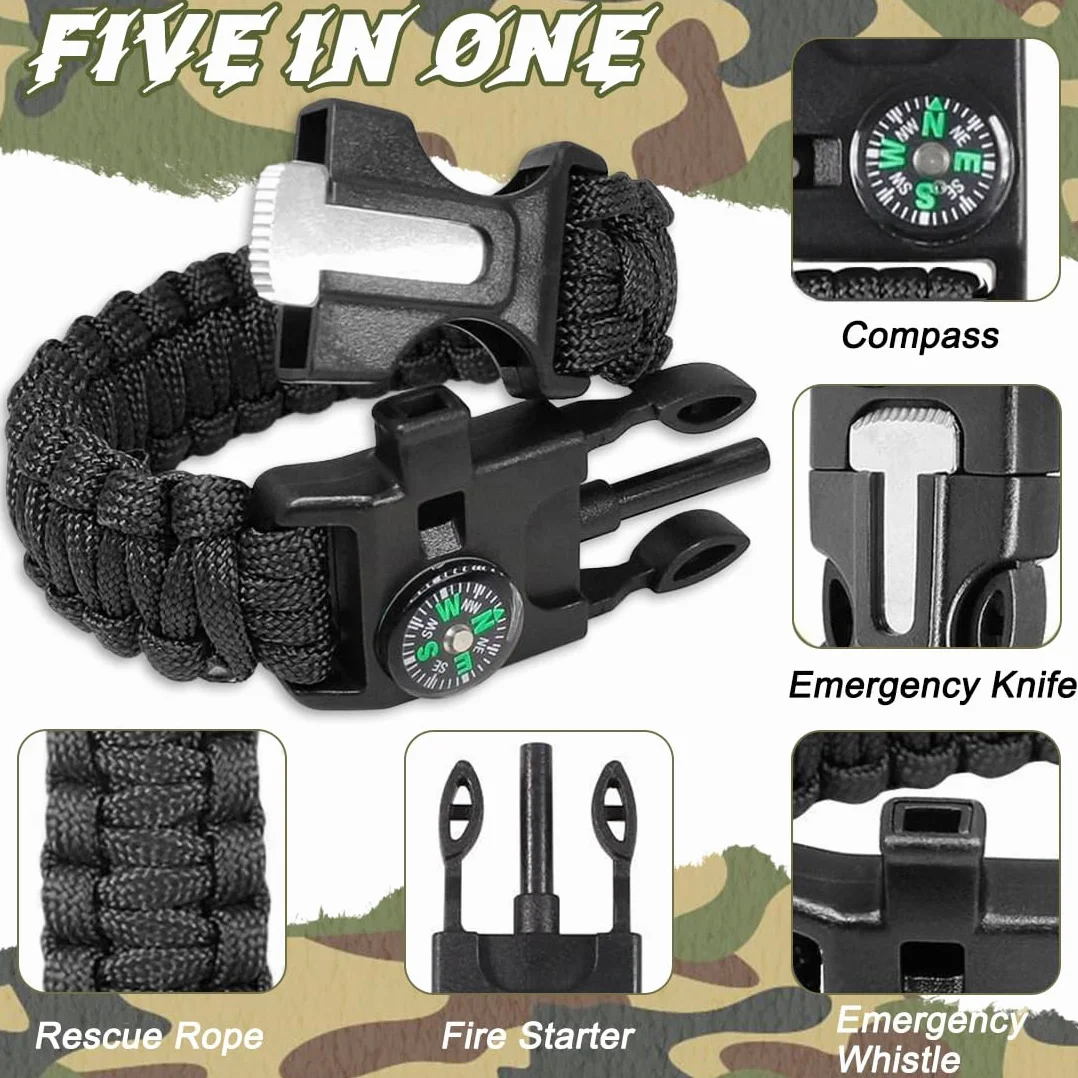 Paracord Braccialetto Sopravvivenza Regolabile Kit con Flint Bussola Termometro per Escursionismo Campeggio Emergenza 2PCS