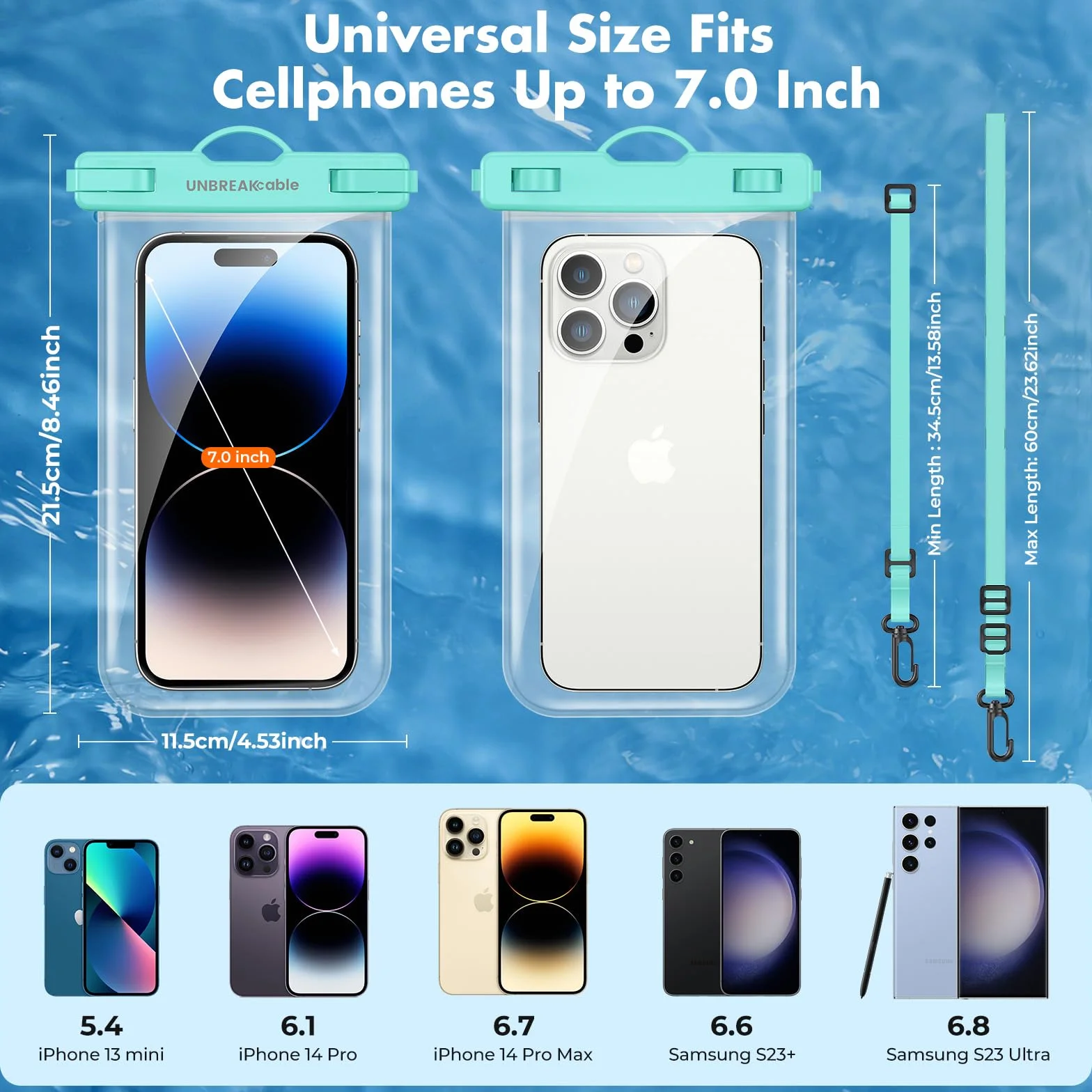 Custodia Impermeabile Universale per iPhone 16 15 14 13 12 11 Pro Max, Samsung S24 S23 S22 S21, Huawei fino a 7.0" - 2 Pezzi