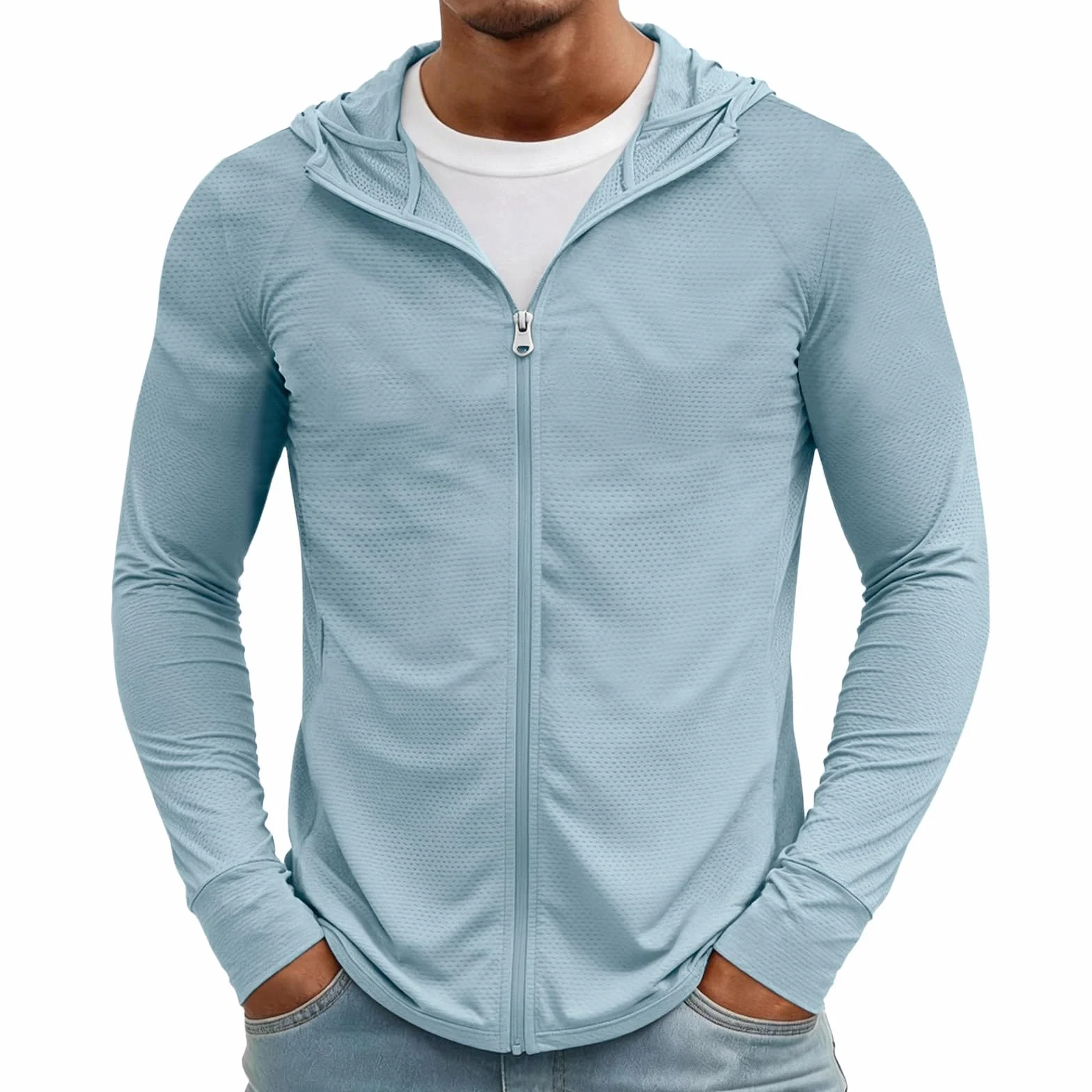 MOKBAY Maglia Anti UV Uomo Pesca Traspirante Running con Cappuccio Slim Fit Tecniche Maniche Lunghe Maglia UPF 50 Uomo Estiva Tecnica Leggera Anti UV T Shirt
