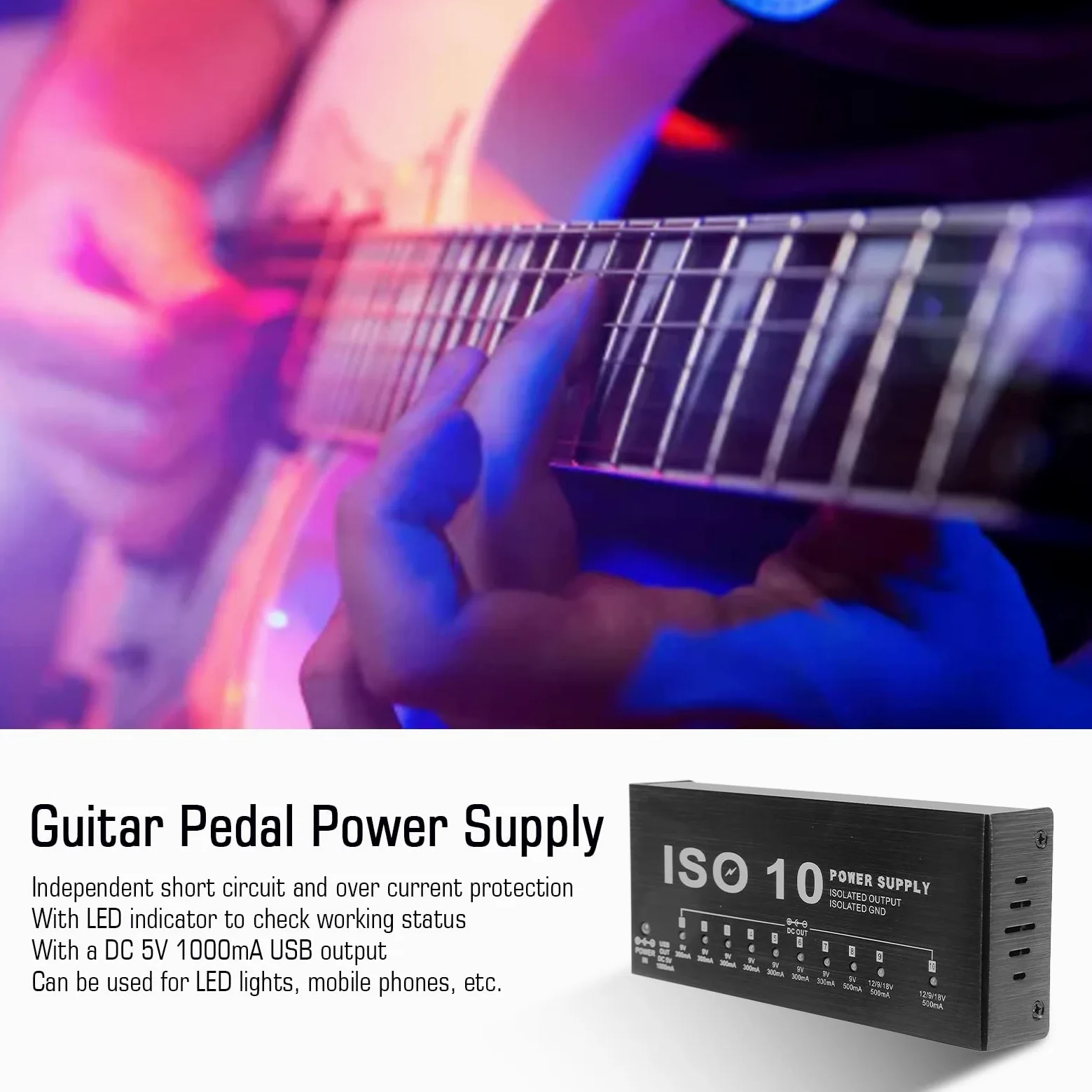 Alimentatore per pedale di chitarra, 10 uscite isolate, alimentatore per pedaliera d'effetto piccolo con 2 tensioni regolabili per pedali d'effetto da 9V 12V 18V (Spina europea)