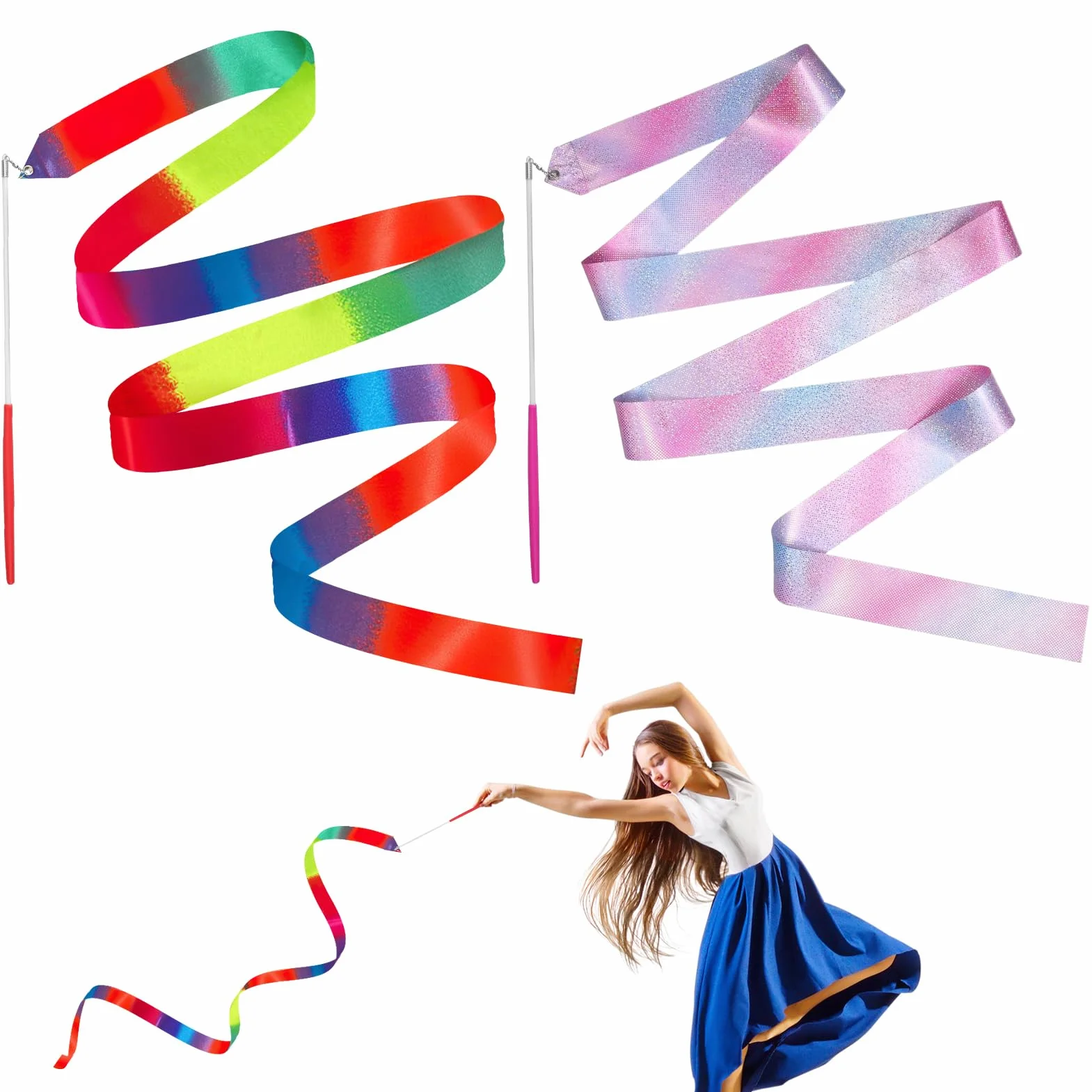 Nastri da Ballo 2 Pezzi 4 m Nastro Ginnastica Ritmica Dance Ribbons Bacchetta per Allenamento Artistico