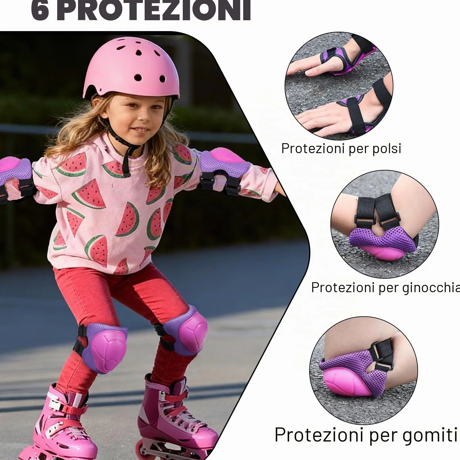 Zorplex Protezione Kit per Bambini, Sicurezza Set 6 in 1 Ginocchiere Gomitiere Tutore Polso, Regolabile per Skateboard Scooter Rollerblade