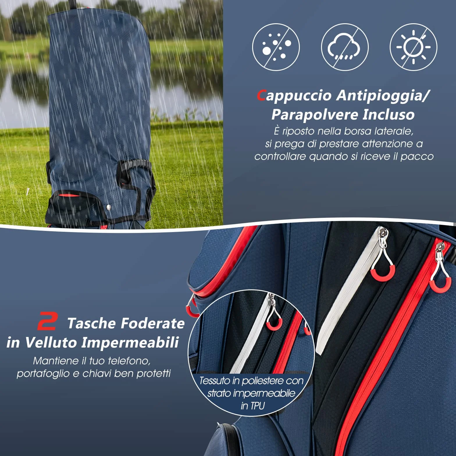 COSTWAY Borsa da Golf Leggera e di Grande Capacità, Sacca da Golf con 14 Divisori, 8 Tasche, Cappuccio Antipioggia, Tracolla, Borsa Termica per Bevande, Ideale per Uomini e Donne (Blu)