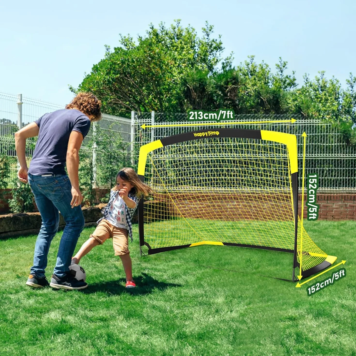 Happy Jump Porta da Calcio Pieghevole – Rete da Giardino 90x67, 120x90, 152x110, 213x152 CM | Opzioni con Pallone, Bersaglio, Pompa e Coni | Perfetta per Allenamento Outdoor e Regalo