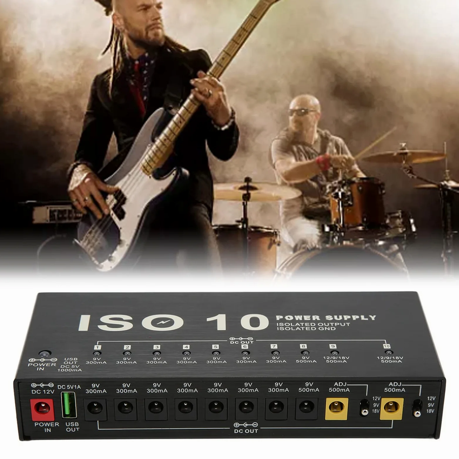 Alimentatore per pedale di chitarra, 10 uscite isolate, alimentatore per pedaliera d'effetto piccolo con 2 tensioni regolabili per pedali d'effetto da 9V 12V 18V (Spina europea)