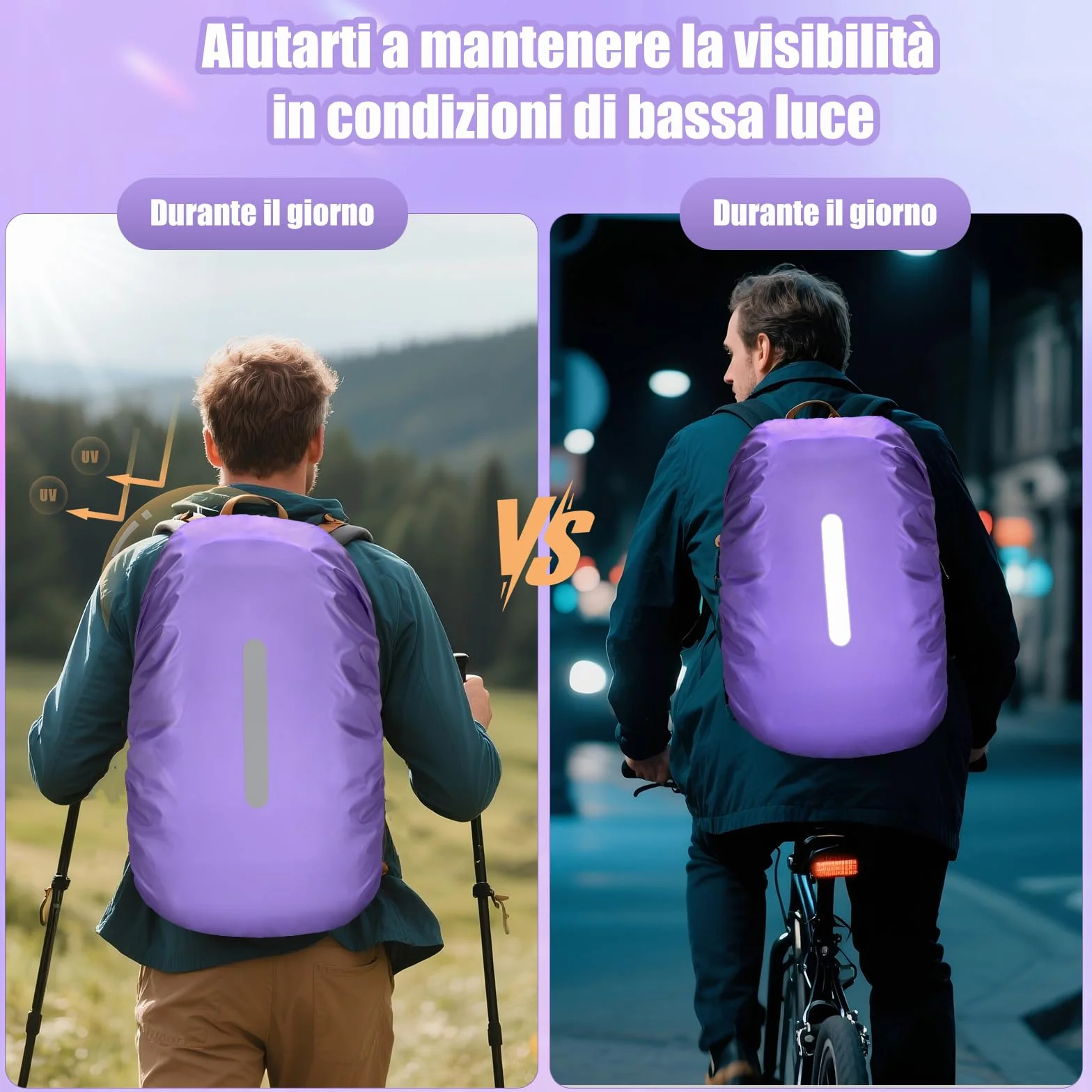 Coprizaino Impermeabile 2 Pezzi con Strisce Riflettenti, Parapioggia per Zaino Trekking Viaggio 40L-50L